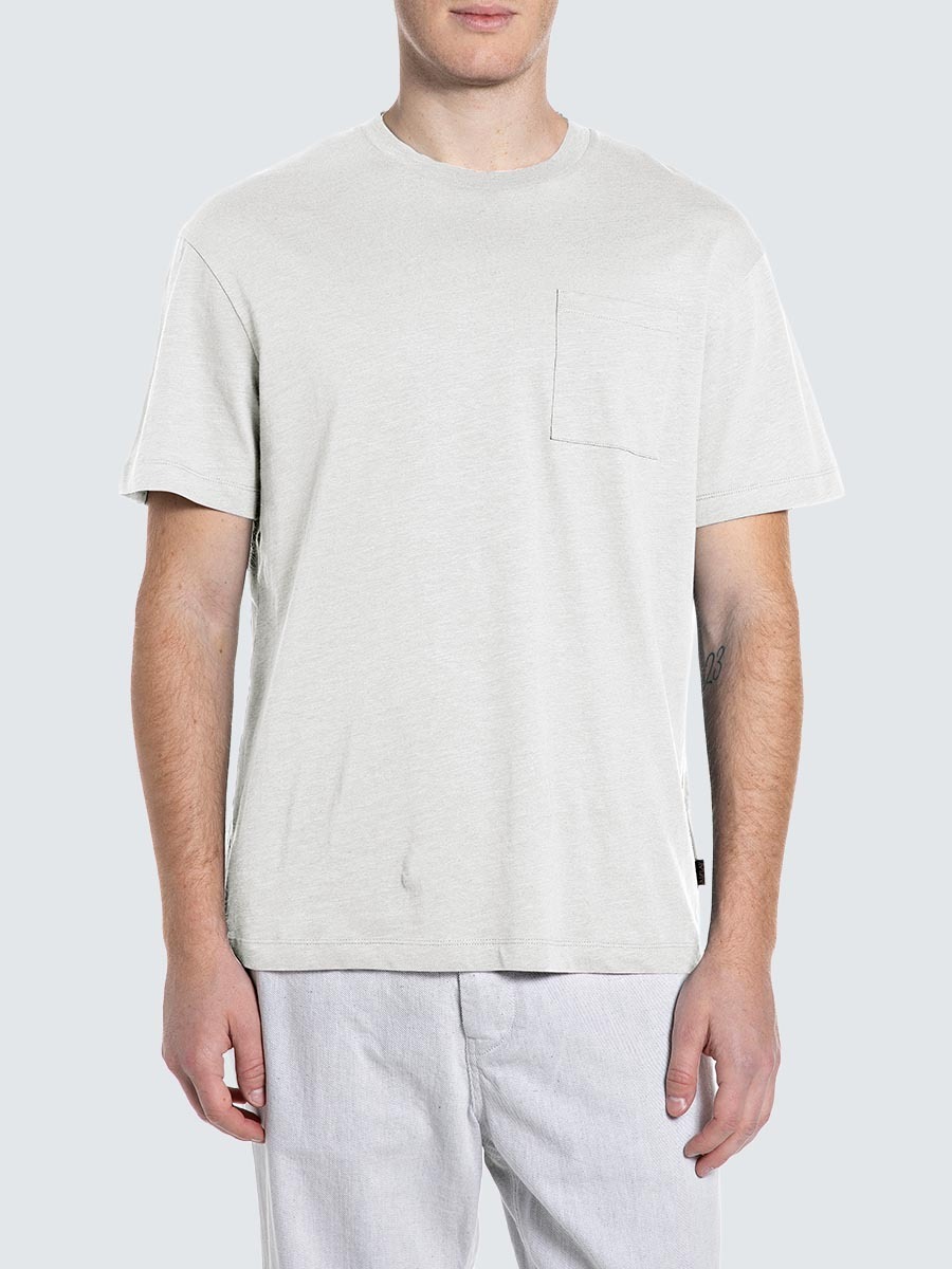 米白色亞麻棉混紡前口袋T-Shirt