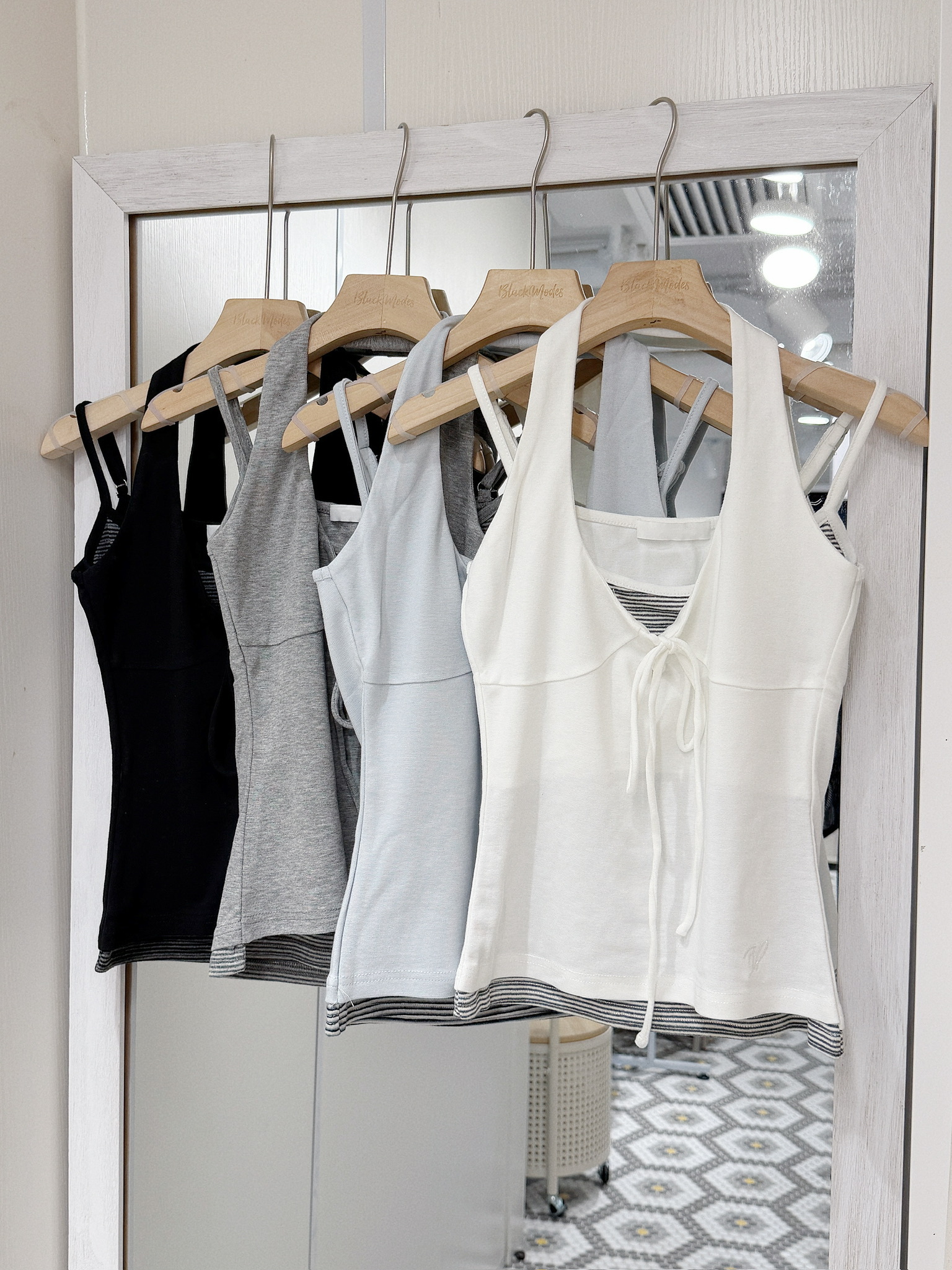 V0177｜韓系間紋蝴蝶結吊帶掛頸假兩件背心ᯓ★