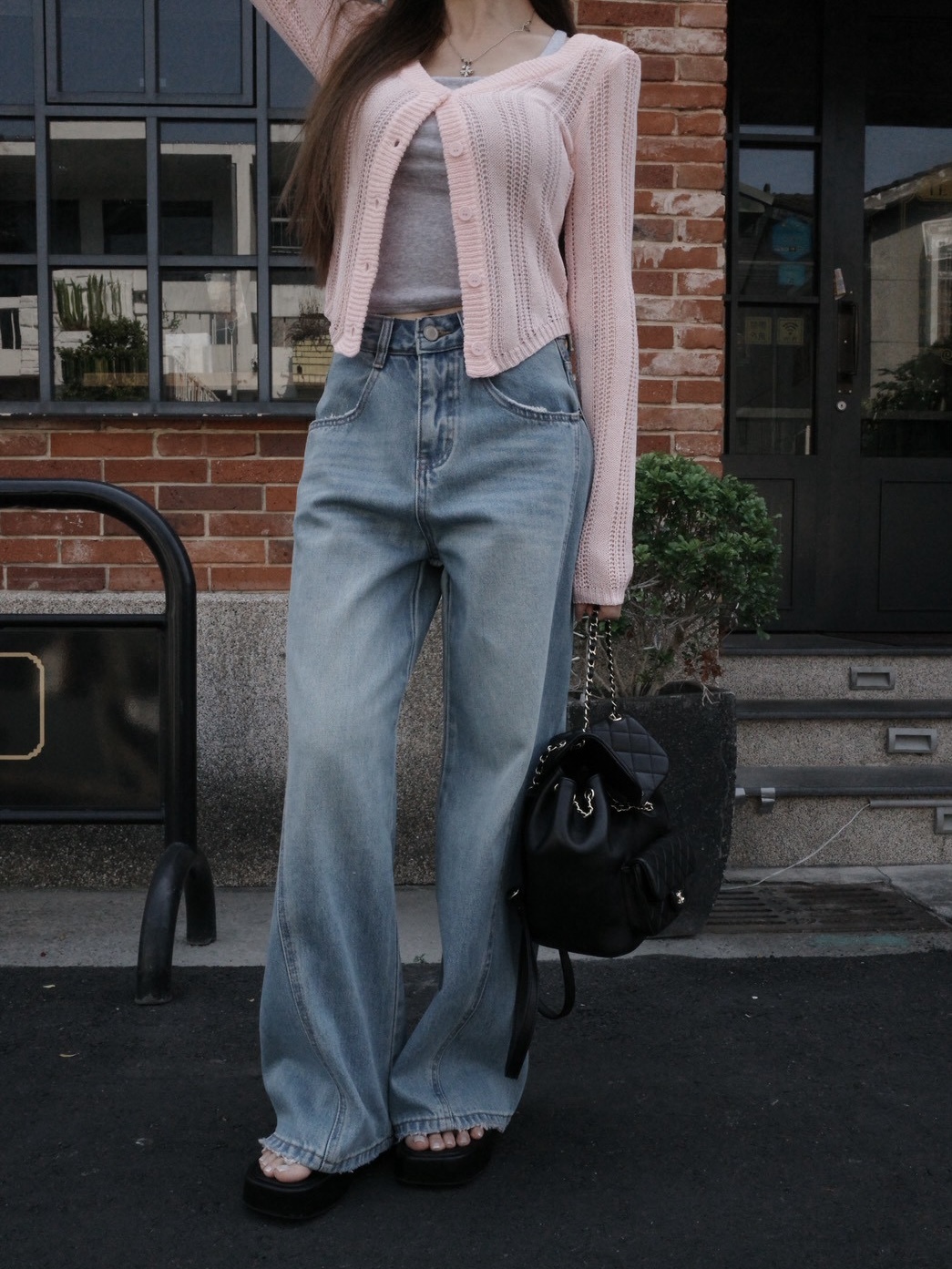 口袋毛邊側車線牛仔寬褲