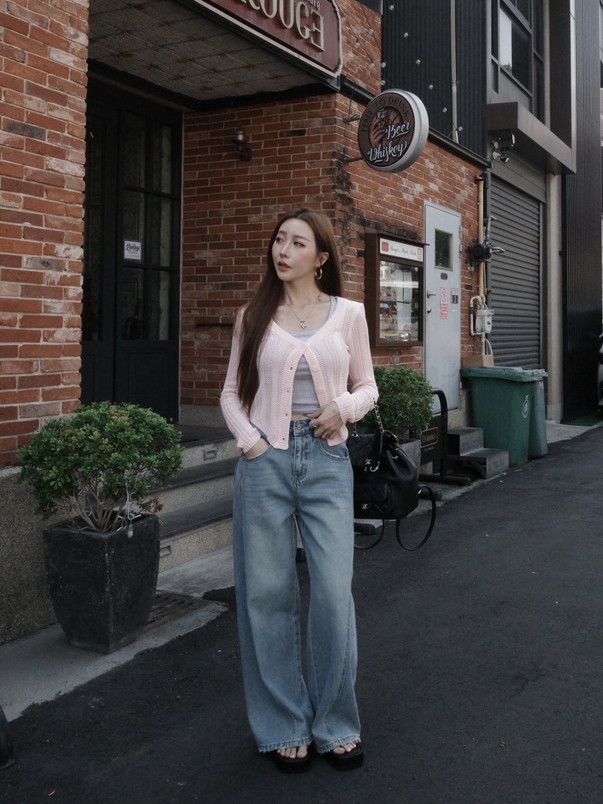 口袋毛邊側車線牛仔寬褲