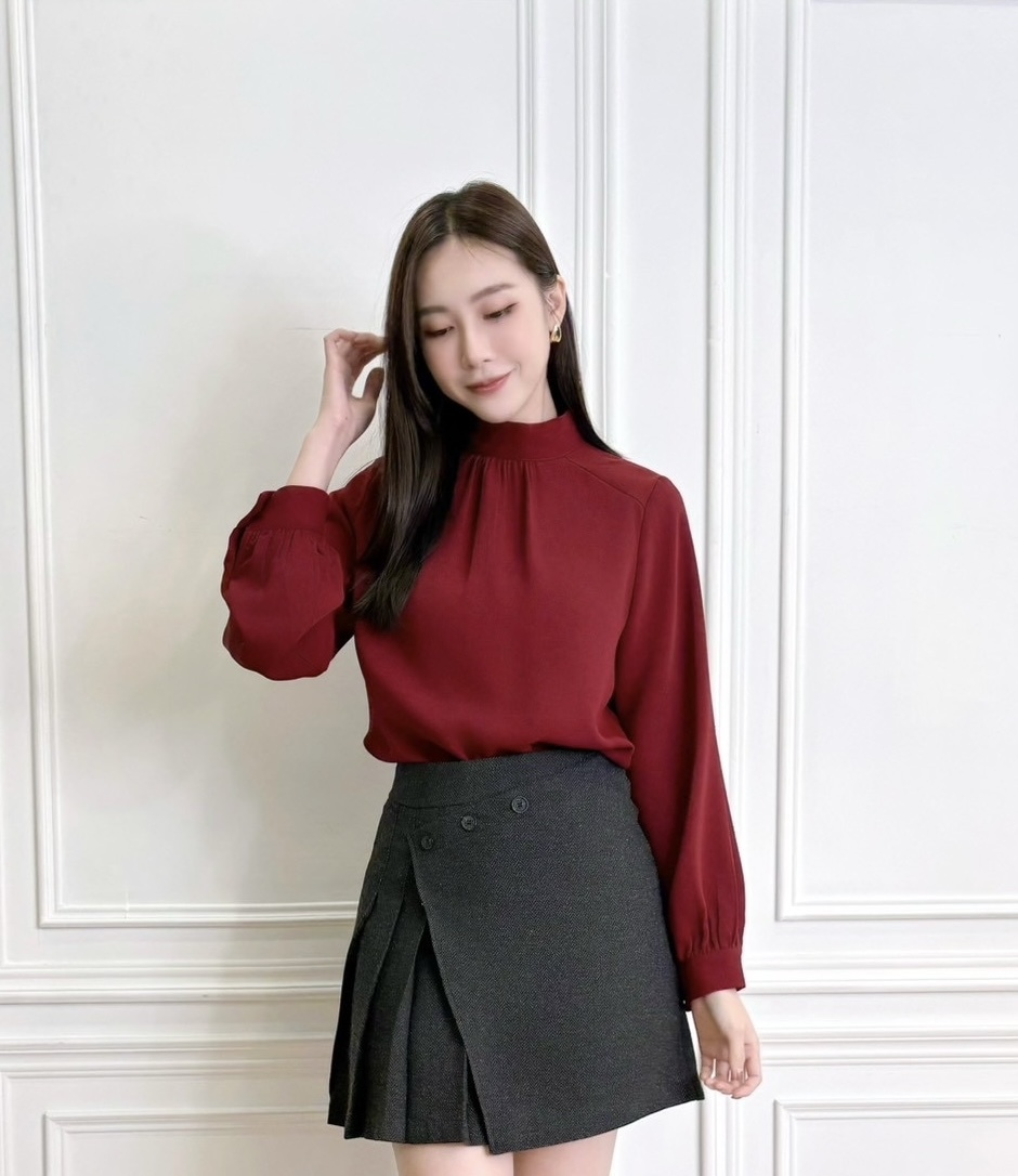 立領領抓褶長袖上衣