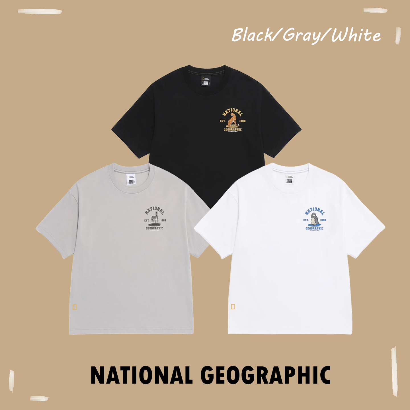 【OWN】National Geographic 國家地理 短袖 上衣 休閒 微寬鬆 透氣 不分男女 黑色 白色 淺灰 獵豹 企鵝 斑馬