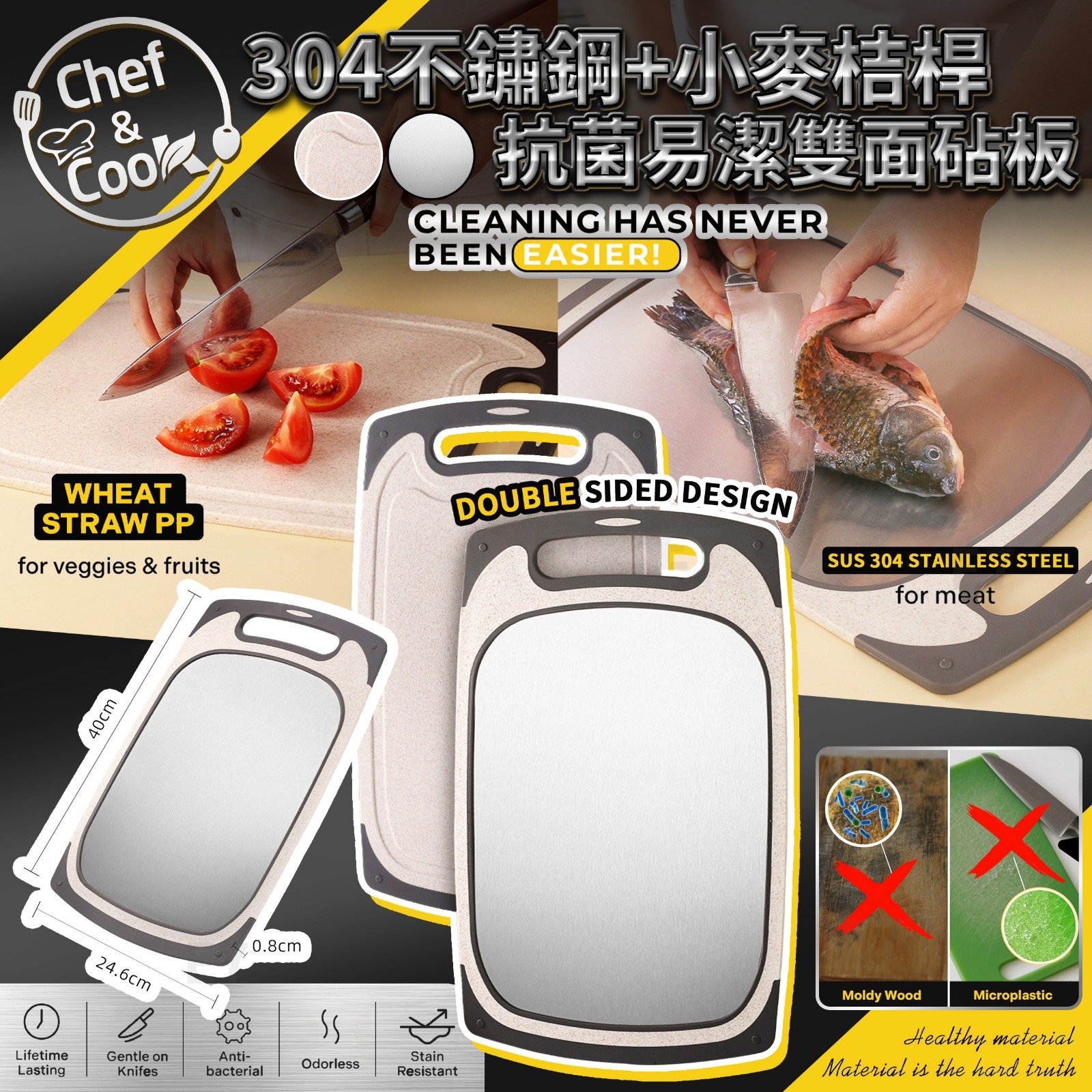 WSBB10873  CHEF & COOK 304不鏽鋼+小麥桔桿雙面抗菌易潔砧板（5月下旬）