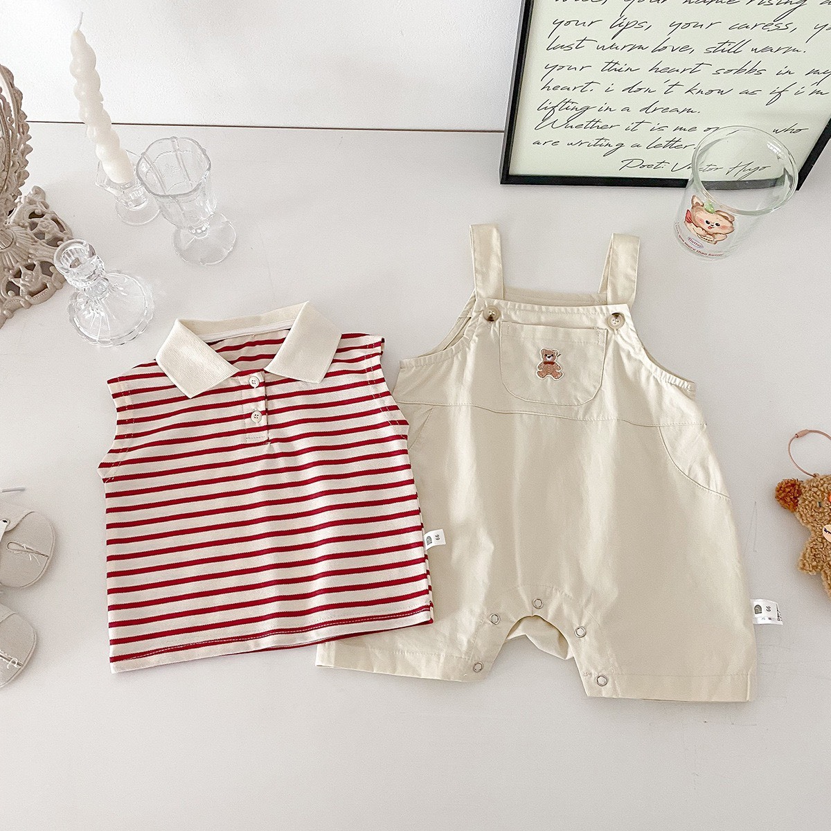 條紋內搭吊帶褲套裝