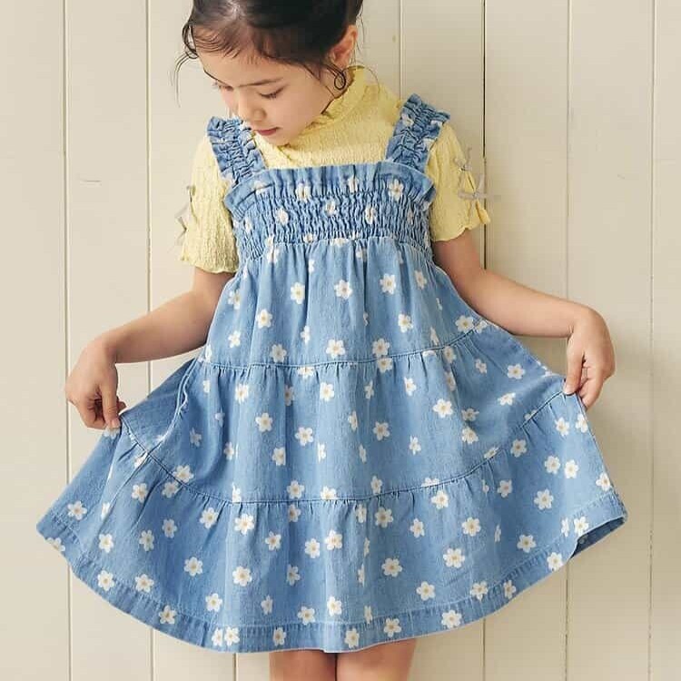 日本 90-140 印花牛仔褶皺背心洋裝 2色