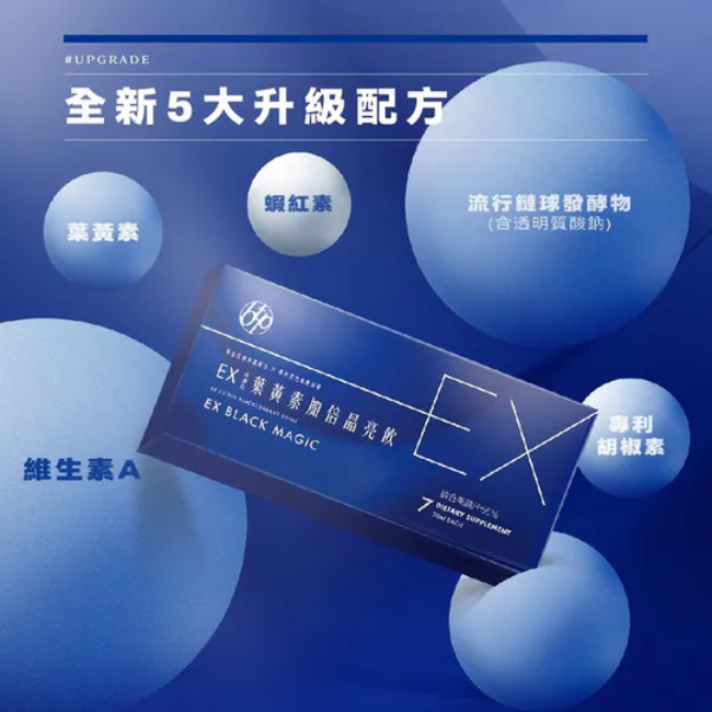 全新5大升級配方,蝦紅素,葉黄素,流行鏈球發酵物,含透明質酸鈉,專利胡椒素,維生素A,蝦紅素來源為紅藻粉萃取