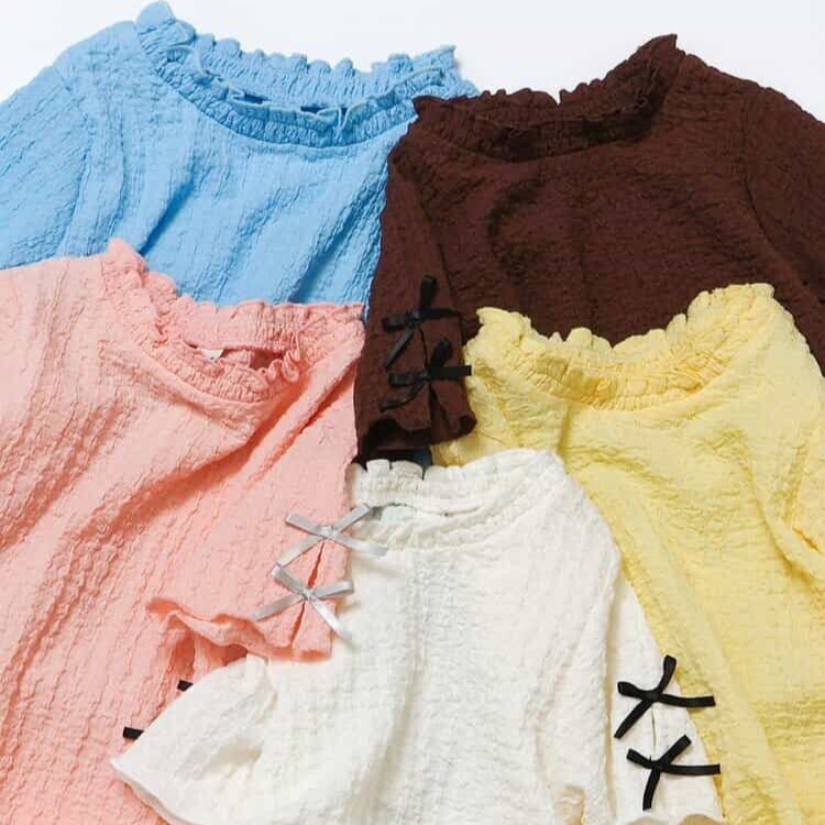 日本 90-140 泡泡布緞帶上衣 5色