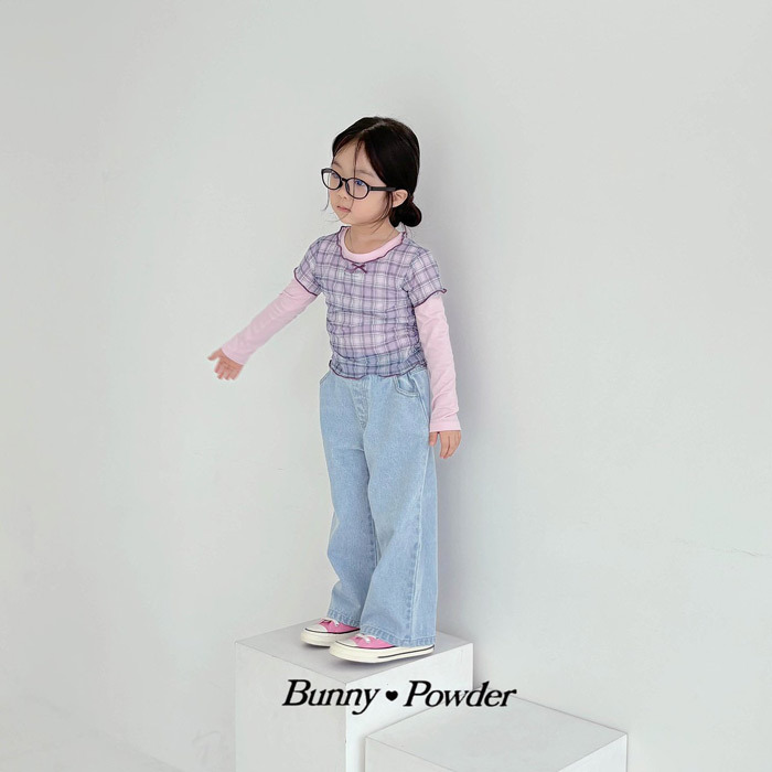 正韓夏BUNNY POWDER 淺紫方格疊穿短袖上衣