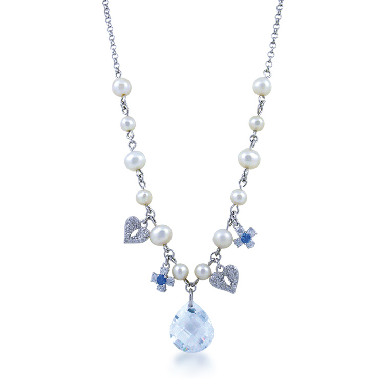 天然珍珠「光芒Charm」925純銀晶鑽套鍊(16吋+5公分延長鍊)-PWSWS0005