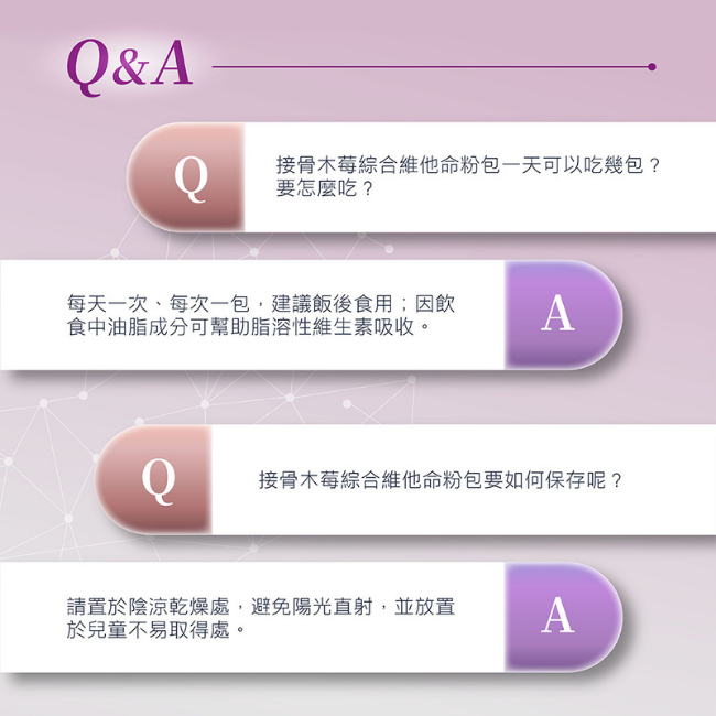 接骨木莓綜合維他命粉包,每天一次,每次一包,建議飯後食用,因飲食中油脂成分可幫助脂溶性維生素吸收,請置於陰涼乾燥處,避免陽光直射,並放置於兒童不易取得處,本產品含有牛奶鈣,奶素者可食用,孕婦及授乳中婦女,服藥或身體不適者,請先洽詢專業醫師意見