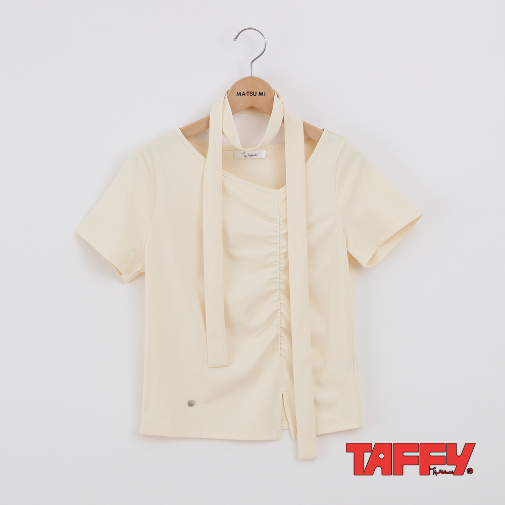 MA‧TSU Mi 韓系極簡不對稱抓皺設計+圍脖領帶短袖上衣(粉黃.黑.白)