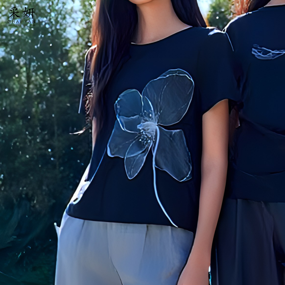 水鑽花朵印花滑棉短袖上衣