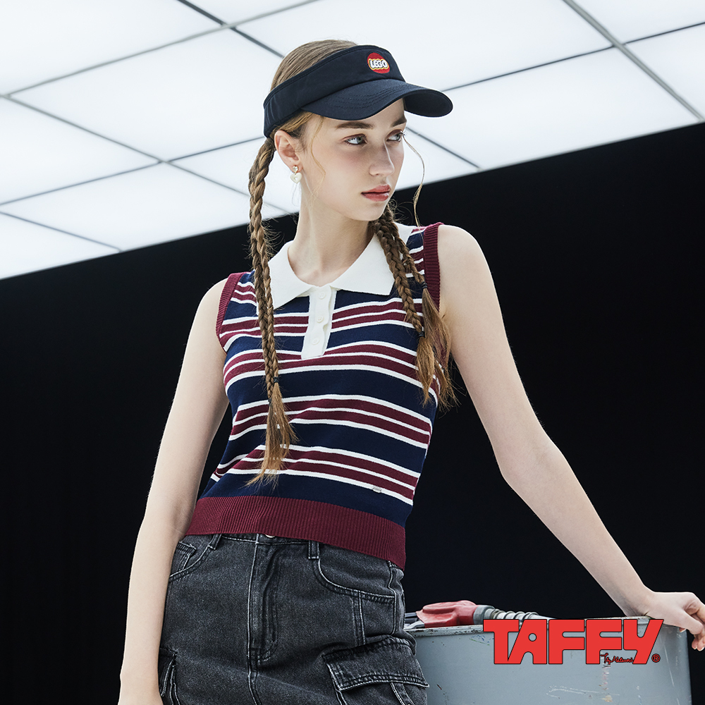 MA‧TSU Mi 美式復古拼色條紋針織 POLO 無袖上衣(深藍)