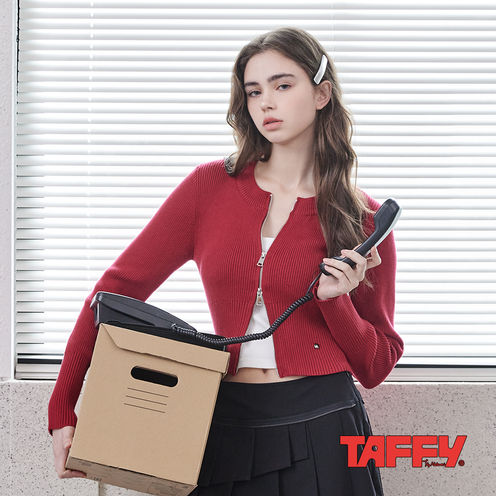 MA‧TSU Mi 美式復古雙拉鍊修身顯瘦羅紋針織長袖短版上衣(深藍.紅)