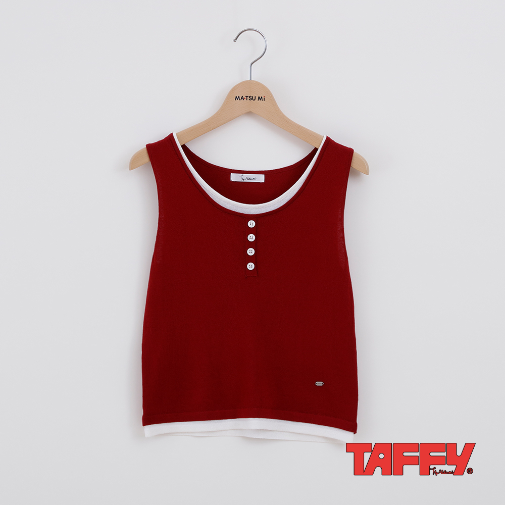 MA‧TSU Mi 亨利領排釦假兩件配色滾邊針織背心(紅.黑)