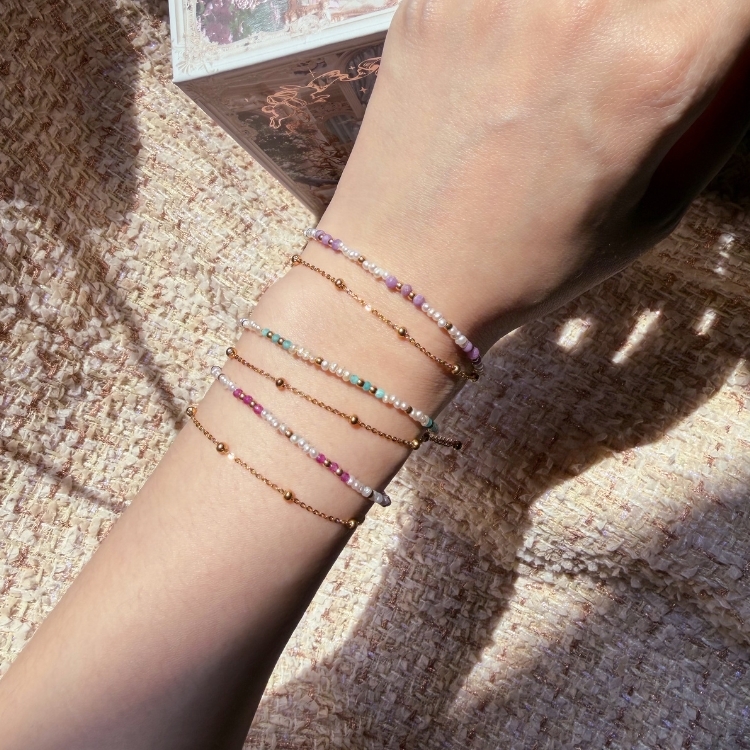 雲光疊影 河潤珠光 柔粉心語 雙層鈦鋼手鏈 紫雲石 天河石 粉碧璽 天然珍珠 水晶疊戴美學