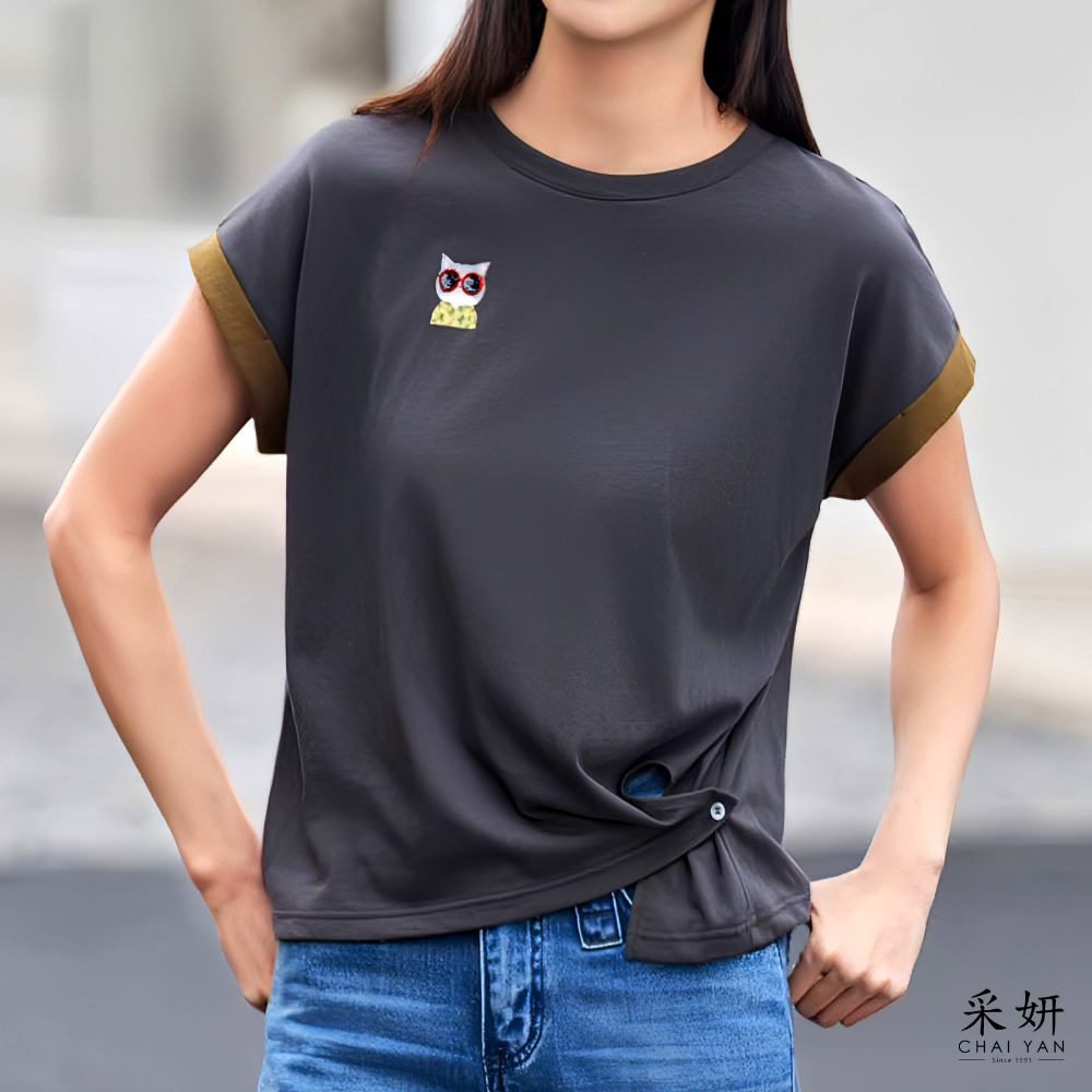 墨鏡貓竹節棉連肩短袖上衣