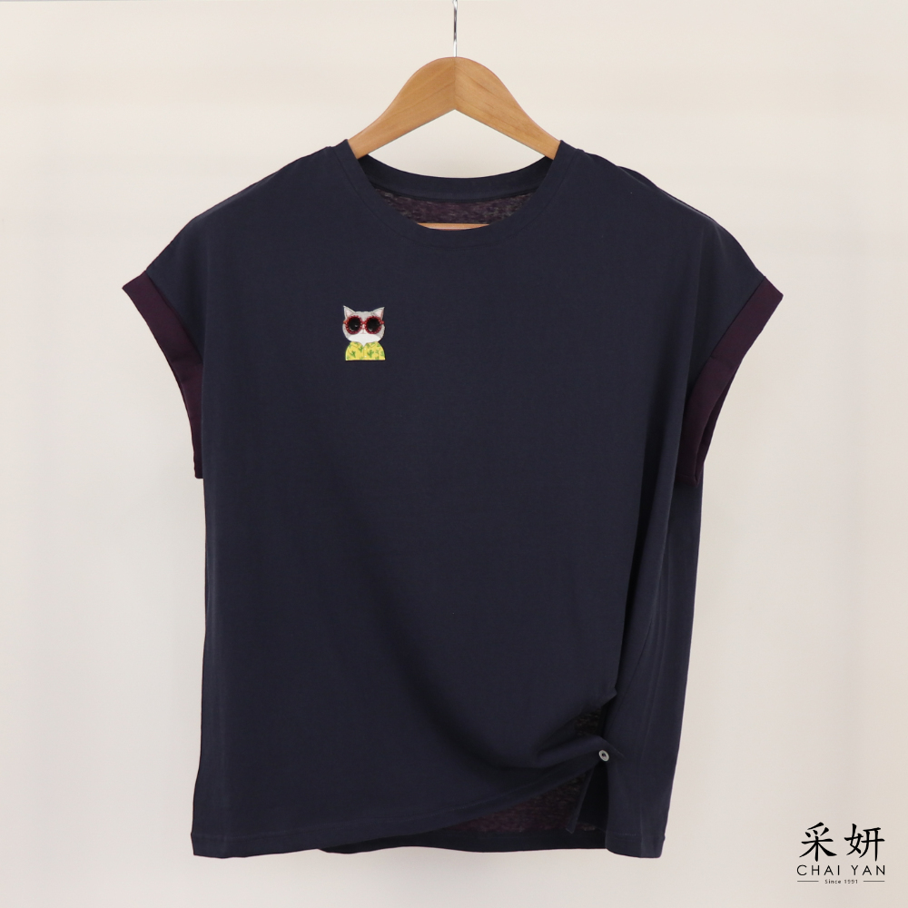 墨鏡貓竹節棉連肩短袖上衣