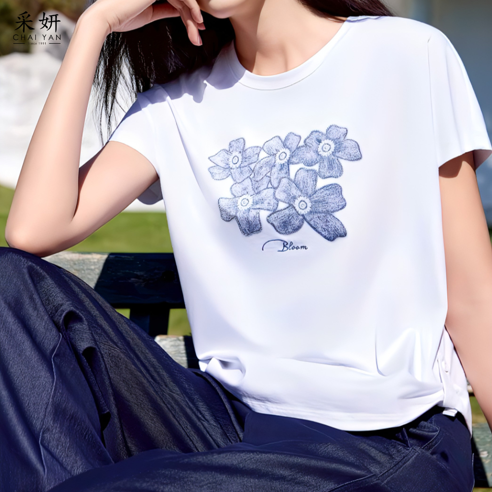 水鑽花朵滑棉連肩短袖上衣