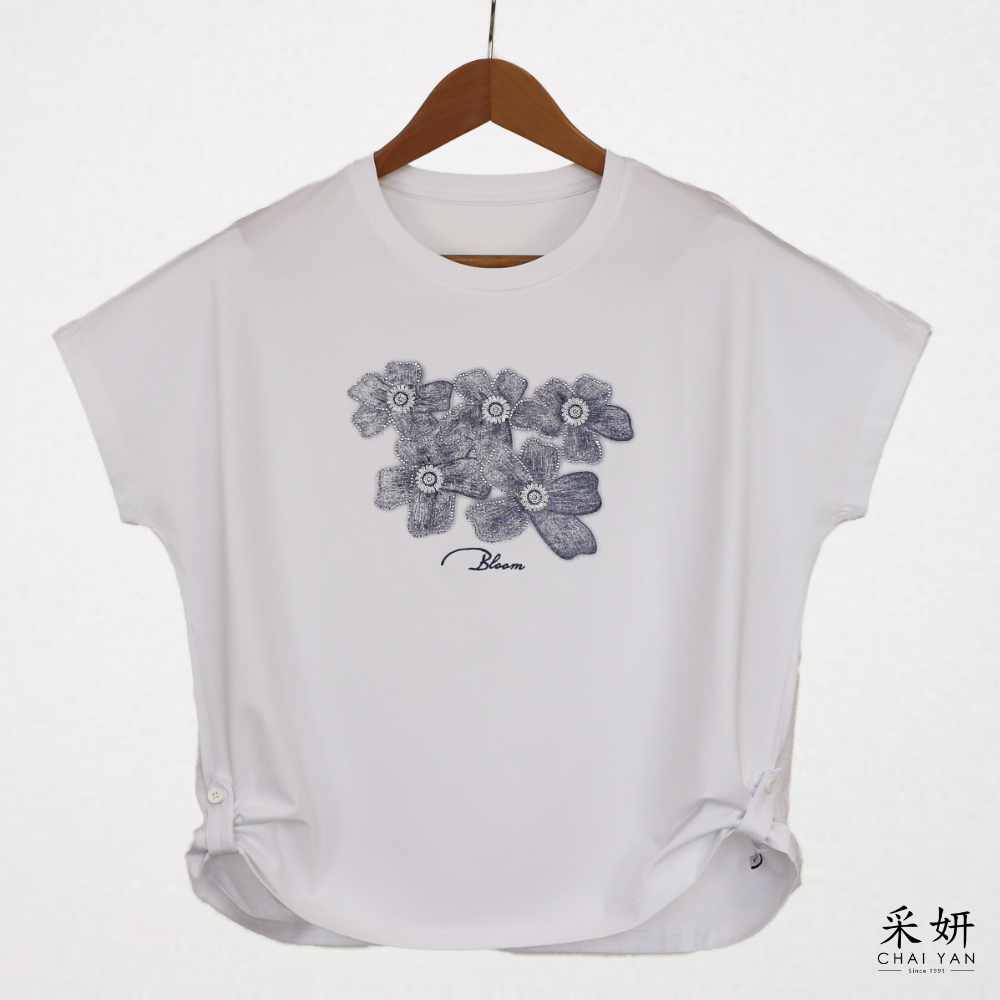 水鑽花朵滑棉連肩短袖上衣