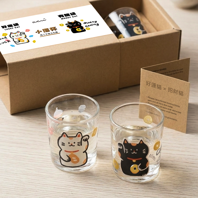 好運貓&招財貓對杯 原創設計插畫玻璃酒杯組 招財開運療癒禮物