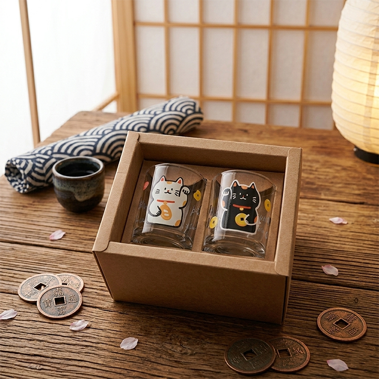 好運貓&招財貓對杯 原創設計插畫玻璃酒杯組 招財開運療癒禮物