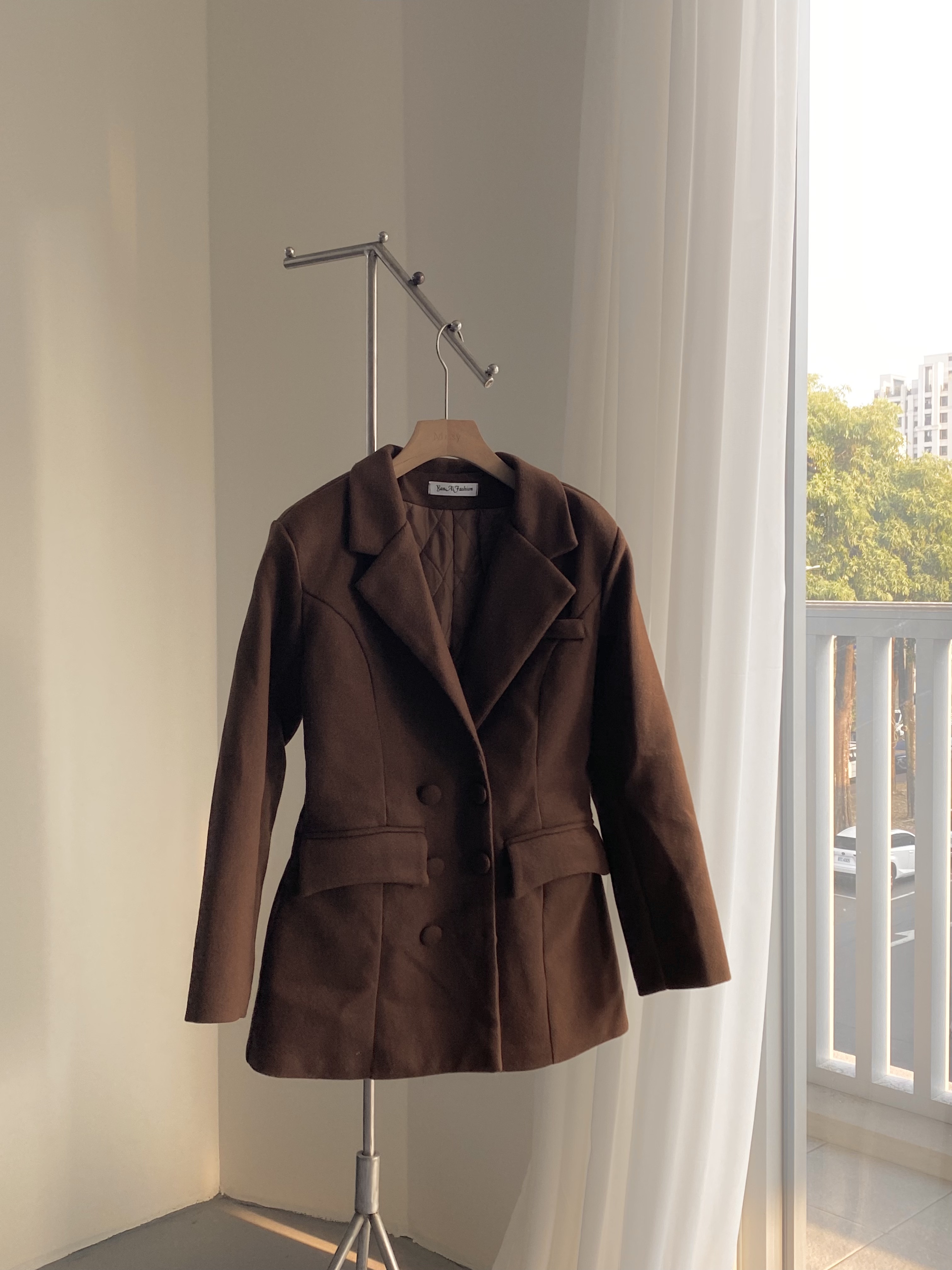 only one-咖色毛呢內鋪棉外套