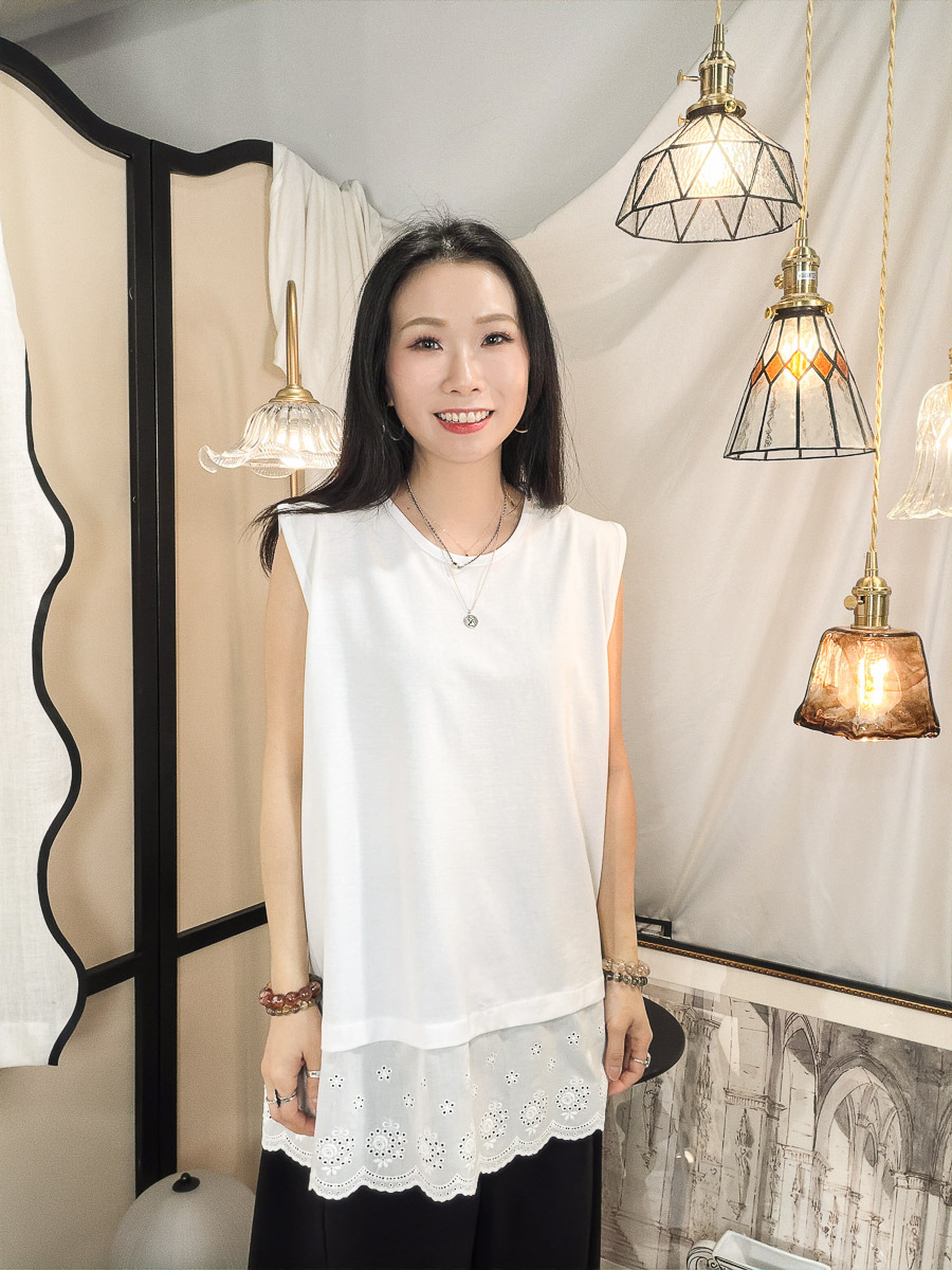 【多買多優惠】下擺LACE刺繡麻棉料．COTTON料背心【不設退換】