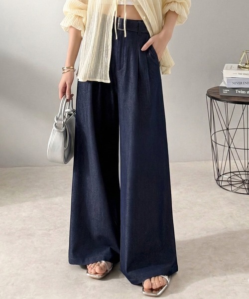 日本🇯🇵連線 Mily Bilet 速乾涼爽!光澤感垂墜高腰牛仔寬褲 附腰帶 寬褲 牛仔褲 落地褲 長褲 直筒褲 闊腿褲 2色(任買兩件711免運)/預購