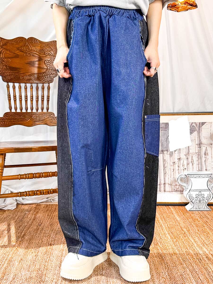 橡根腰．兩旁拼色，牛仔直腳褲 (有袋)