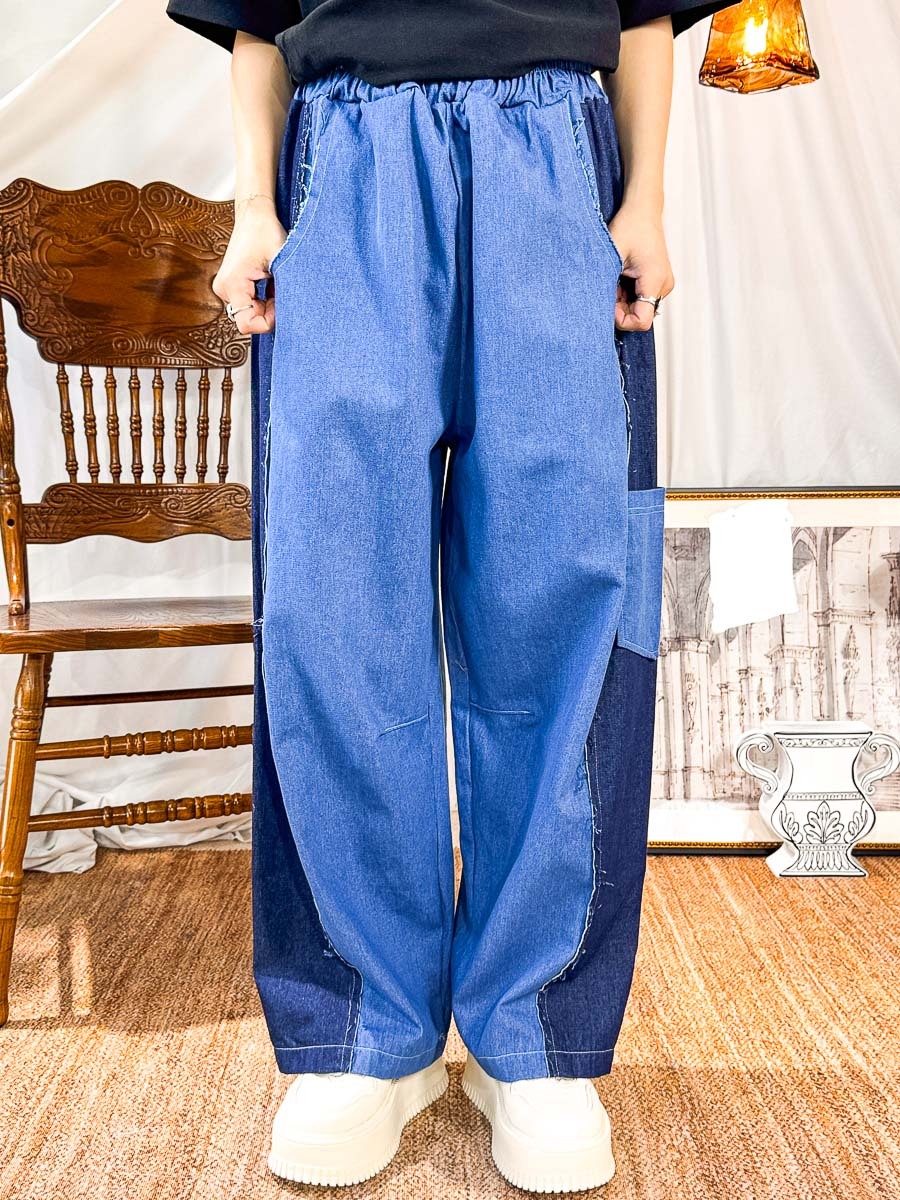 橡根腰．兩旁拼色，牛仔直腳褲 (有袋)