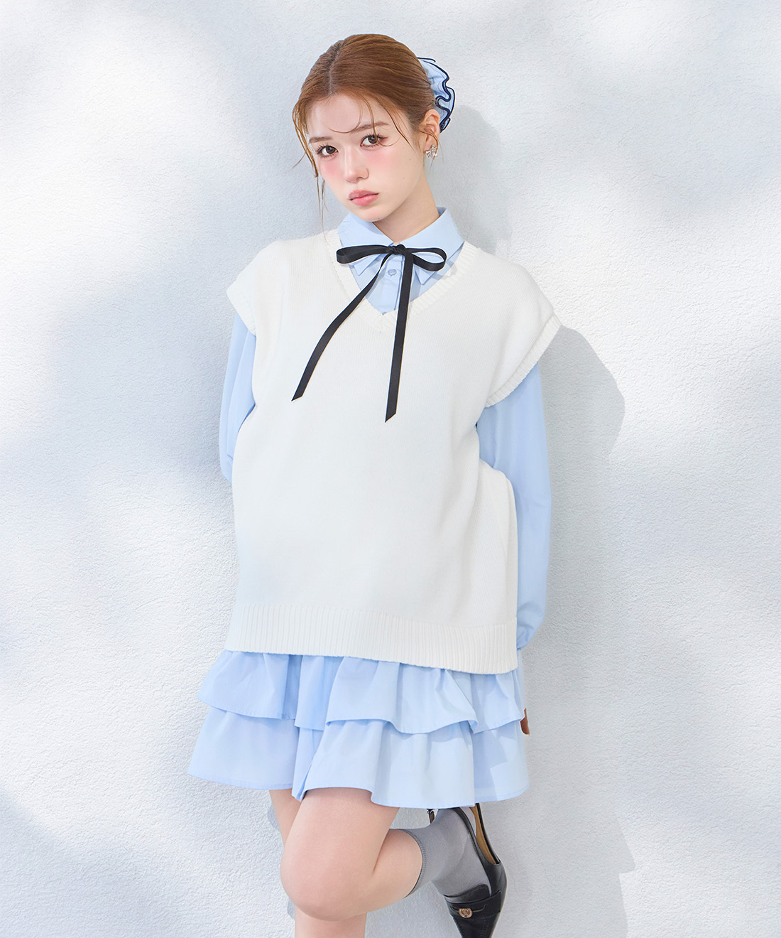 [預購] LILLIAN CARAT 針織背心×襯衫洋裝兩件式套裝