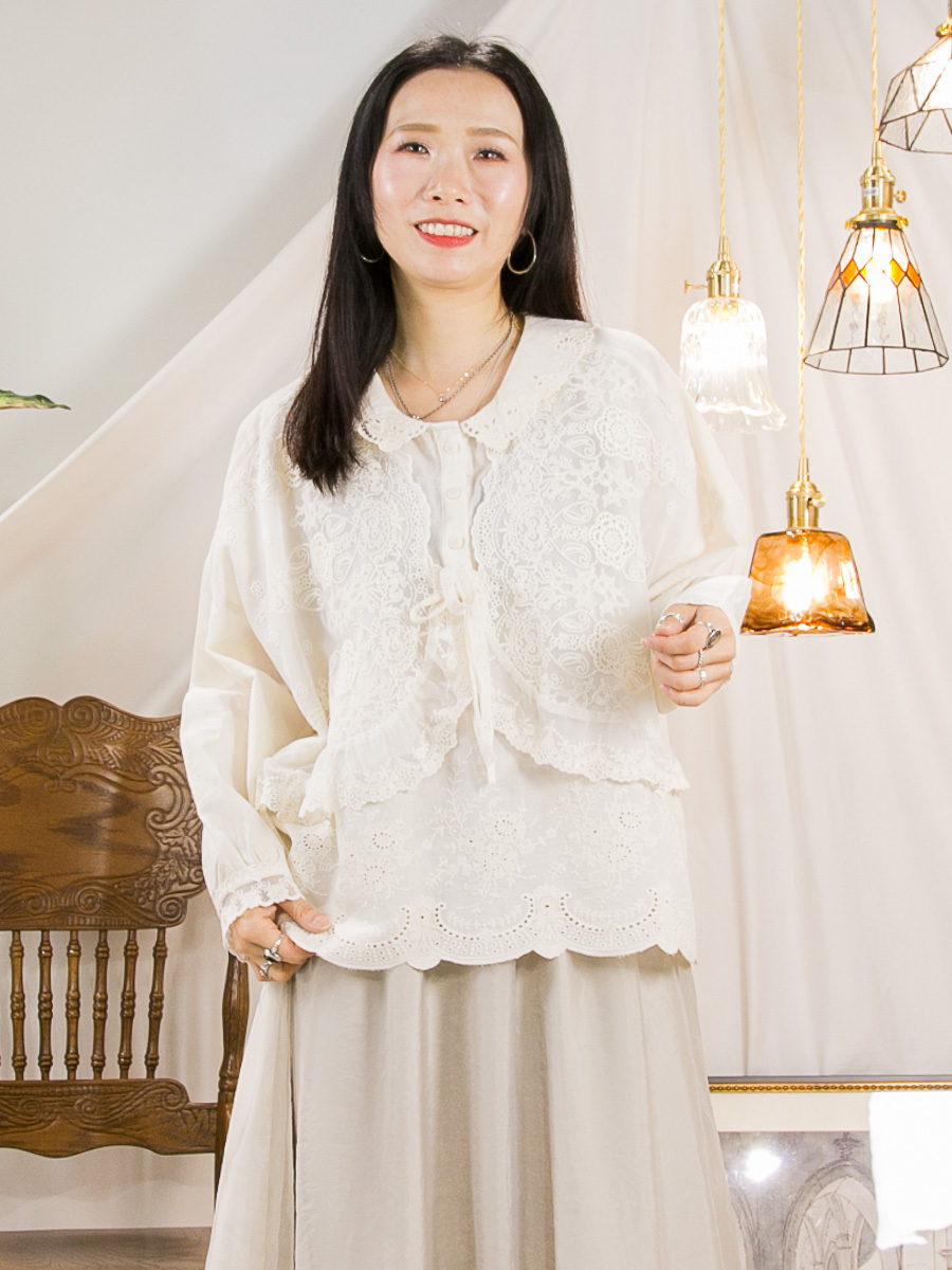 半開胸扣鈕．DOUBLE LAYER．花花刺繡網布 拼 麻棉料TOP