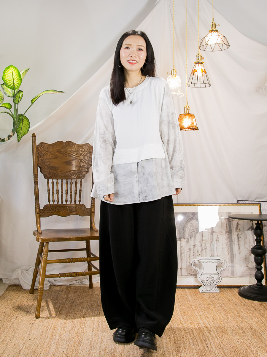 腰位束繩．潑墨 拼 淨色 滑滑扯布料TOP