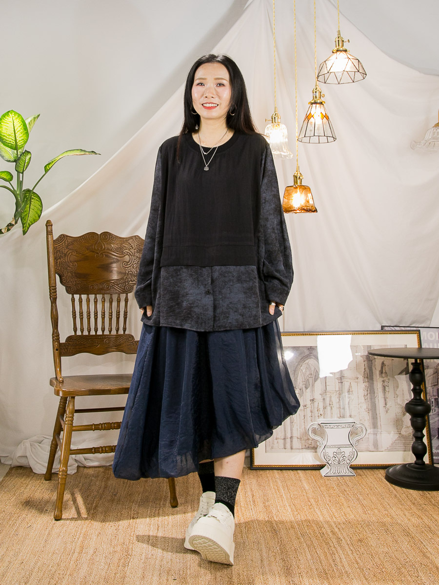 腰位束繩．潑墨 拼 淨色 滑滑扯布料TOP