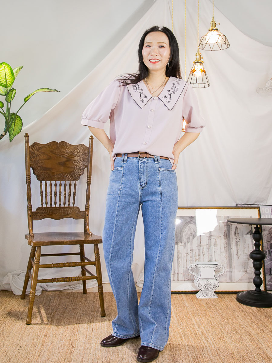 前幅釘鈕．反領位刺繡．雪紡料TOP