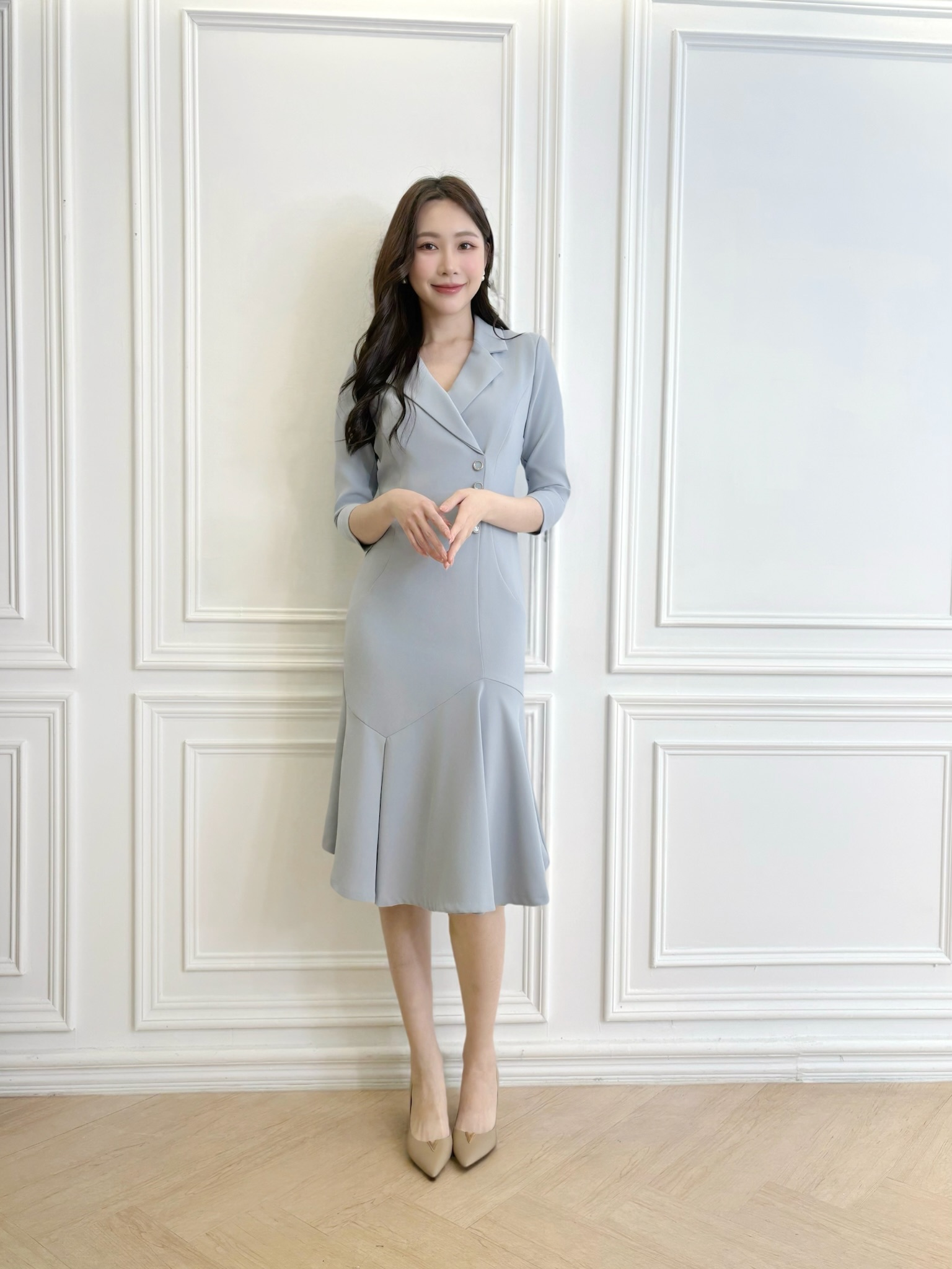 七分袖翻領四釦荷葉洋