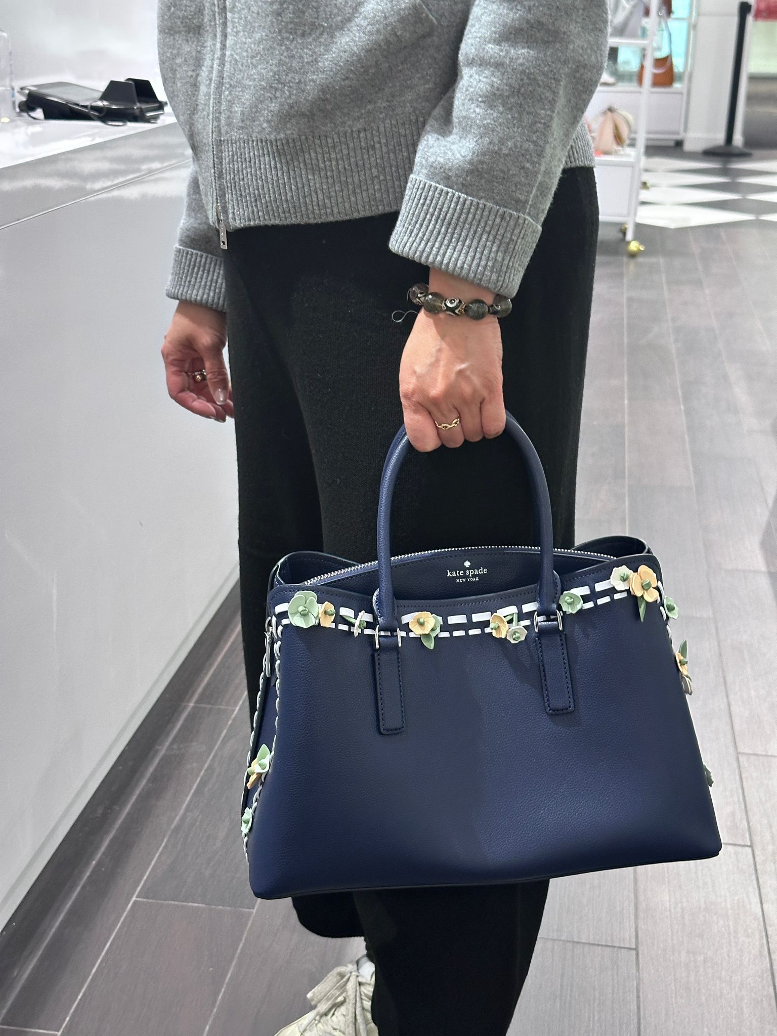 RQ138 KS 深藍色春日花花手提包 Thompson Medium Satchel Bag