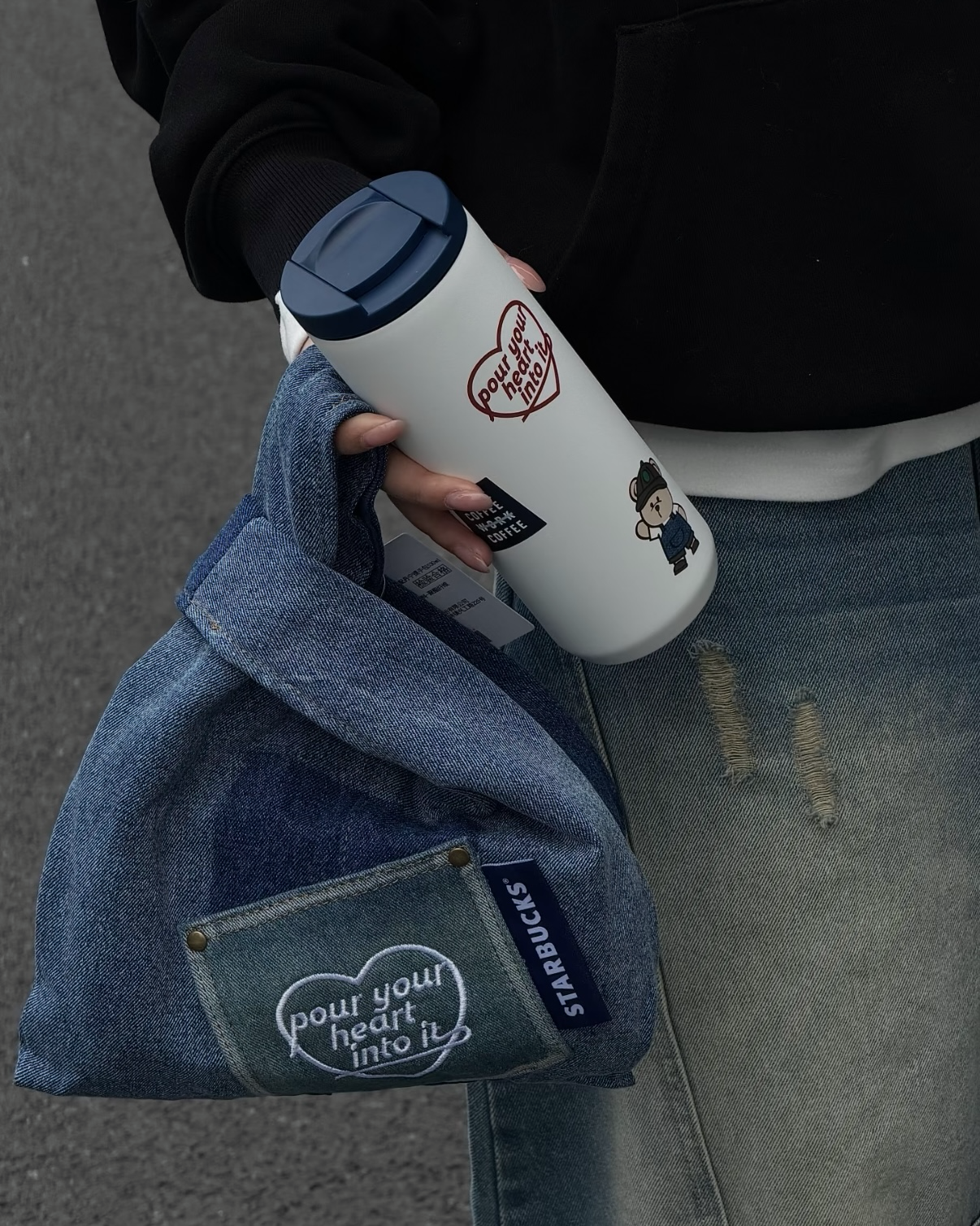 Starbucks 星巴克 丹寧星咖系列 牛仔藍 不銹鋼 隨行杯 附牛仔手提包
