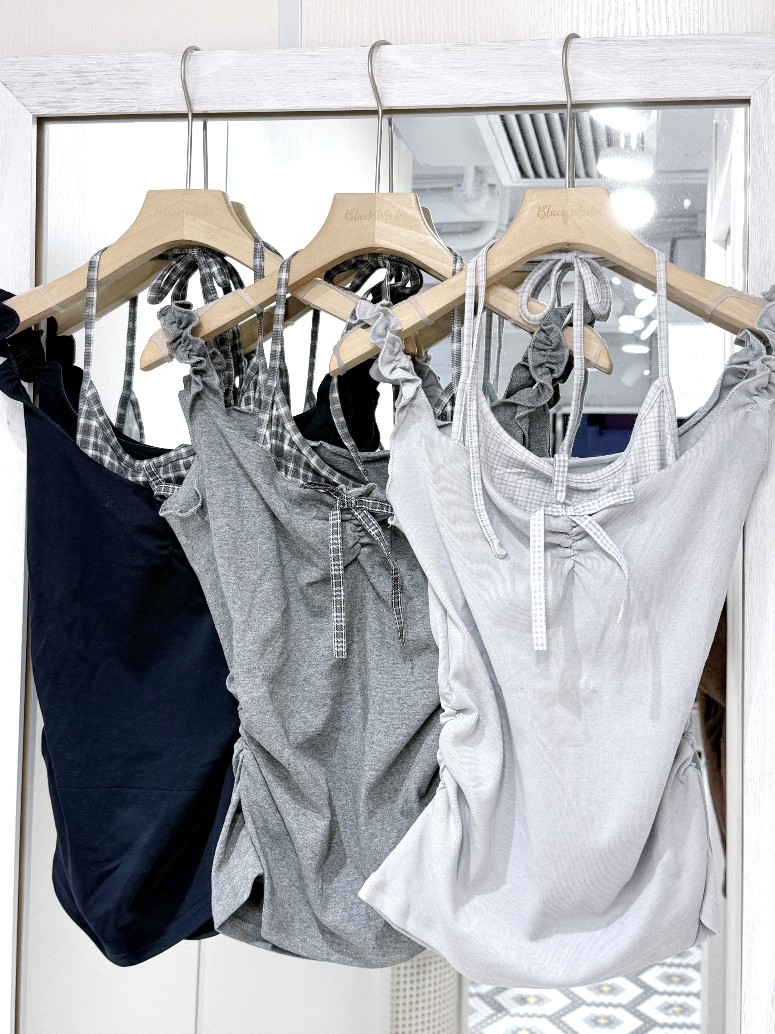 T1282｜稀有‼ 韓系格紋掛頸束腰假兩件捲捲吊帶背心꩜ .ᐟ