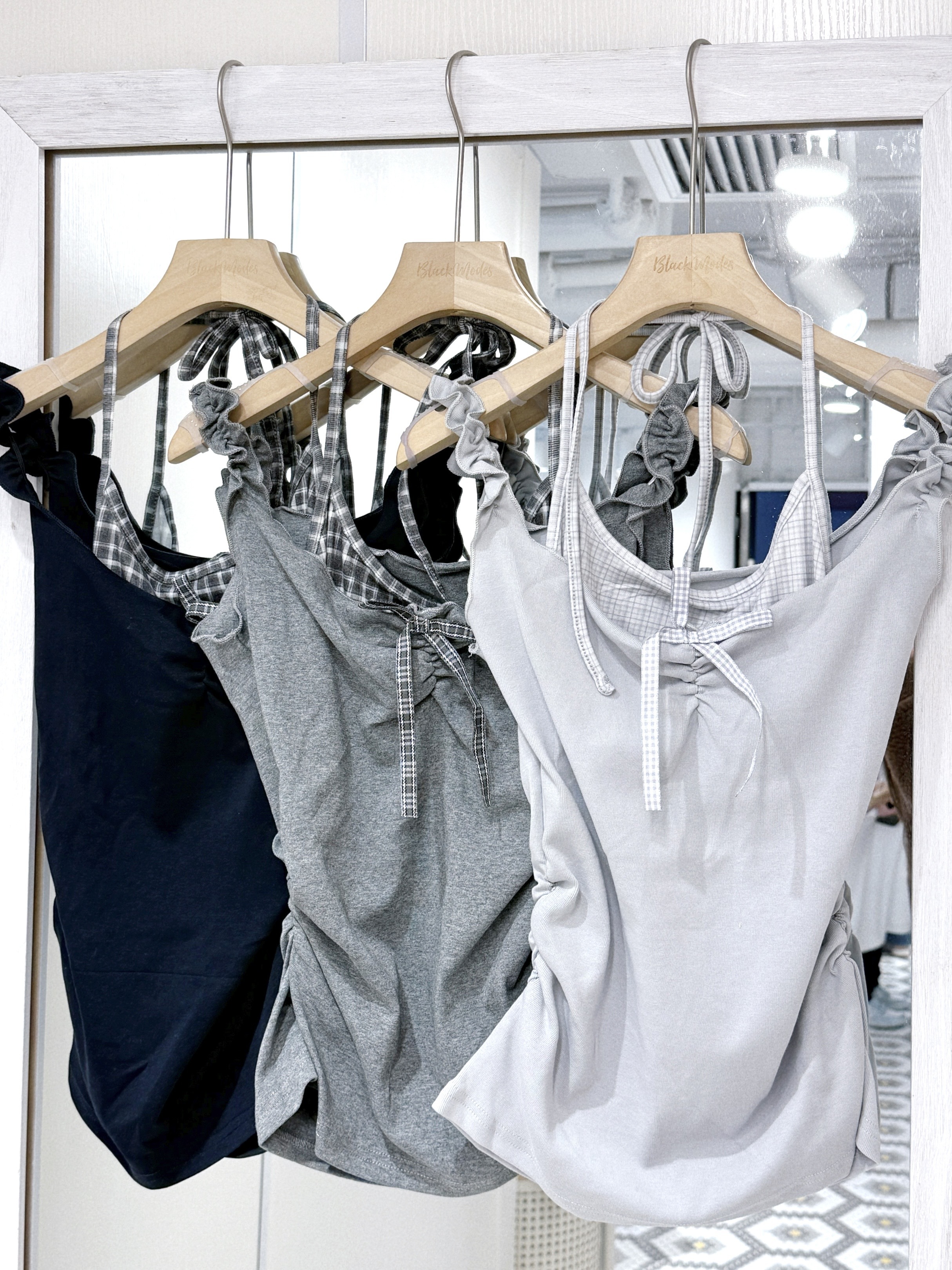 T1282｜稀有‼ 韓系格紋掛頸束腰假兩件捲捲吊帶背心꩜ .ᐟ