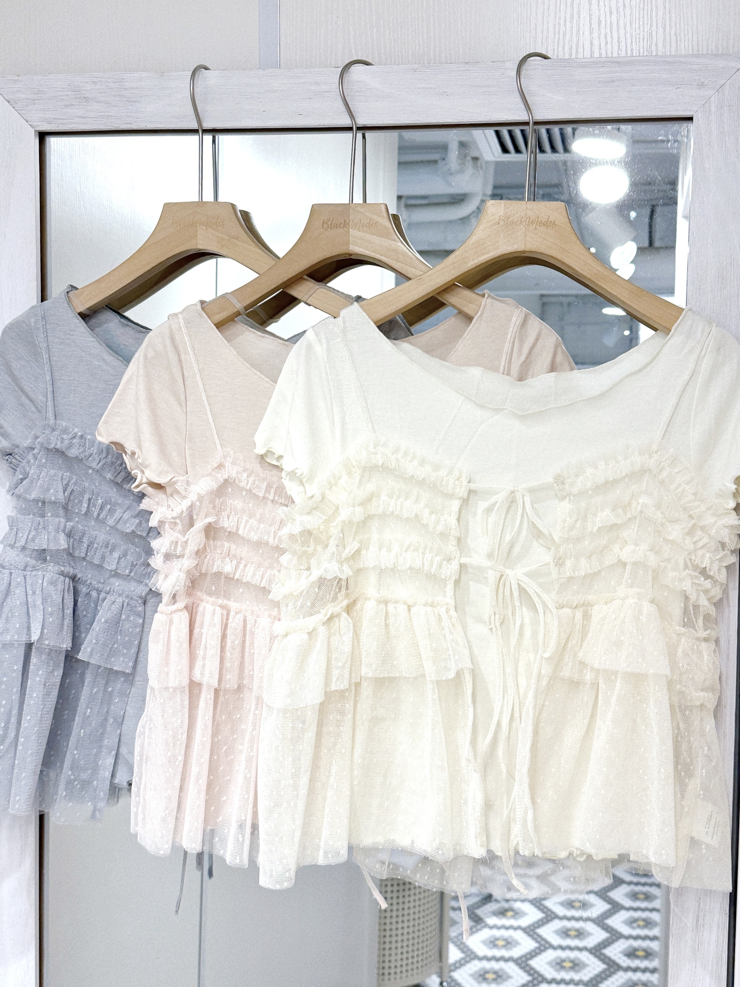 S0232｜日系少女༘⋆🌷🫧₊˚ෆ 透視波點吊帶外搭連木耳邊上衣SET