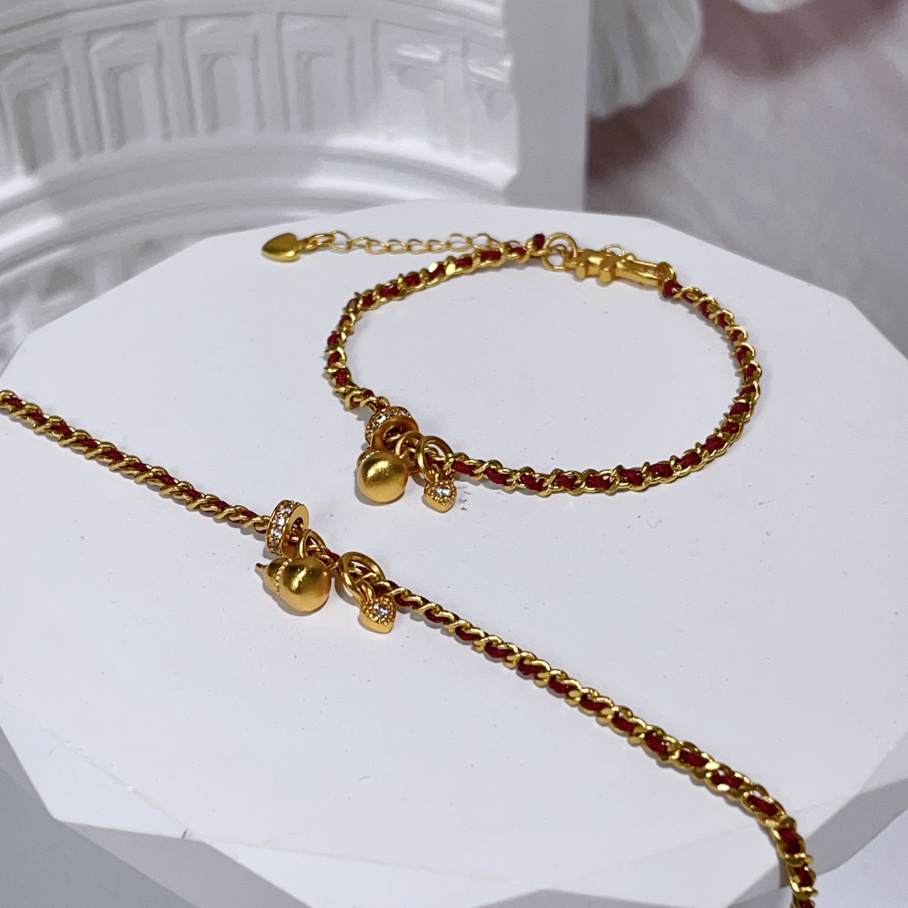 鍍真金紅繩葫蘆配飾大象扣手鏈 16-22cm