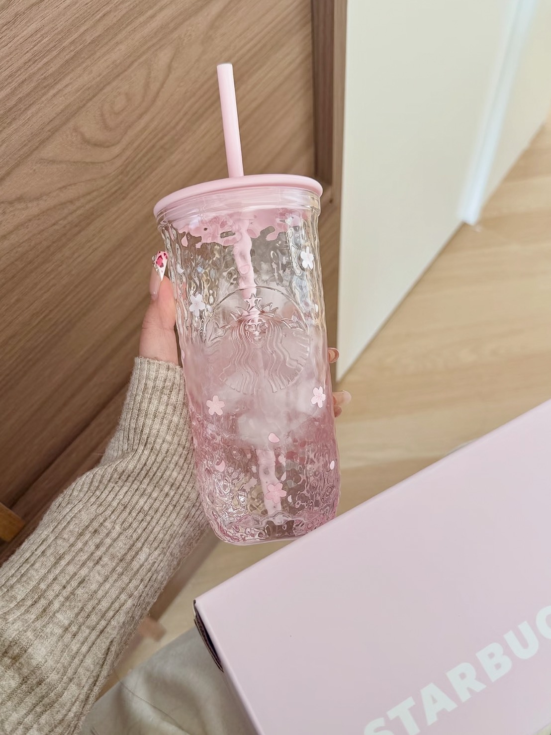 海外限定 STARBUCKS 星巴克 櫻花粉 三角透明 玻璃杯 500ML