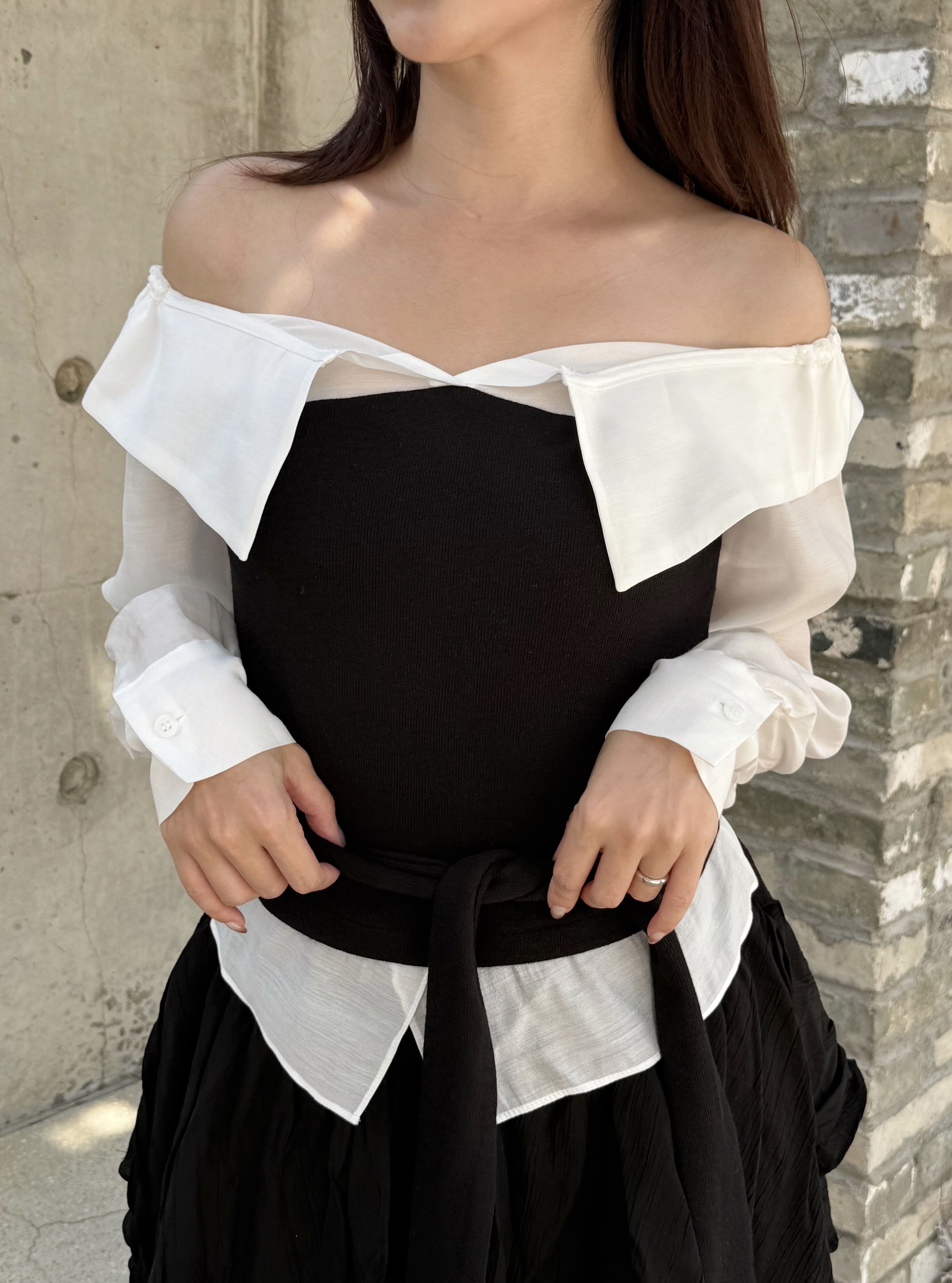 (訂購)知性女人味綁帶上衣 T260306(黑白/香檳灰)