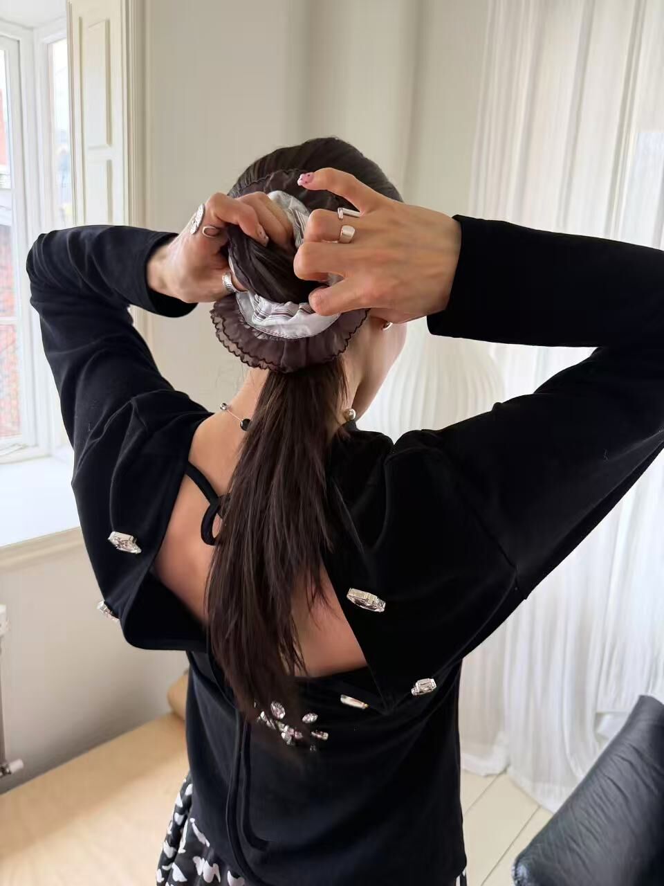 26B306 可可裙邊拼接條紋棉布髮圈