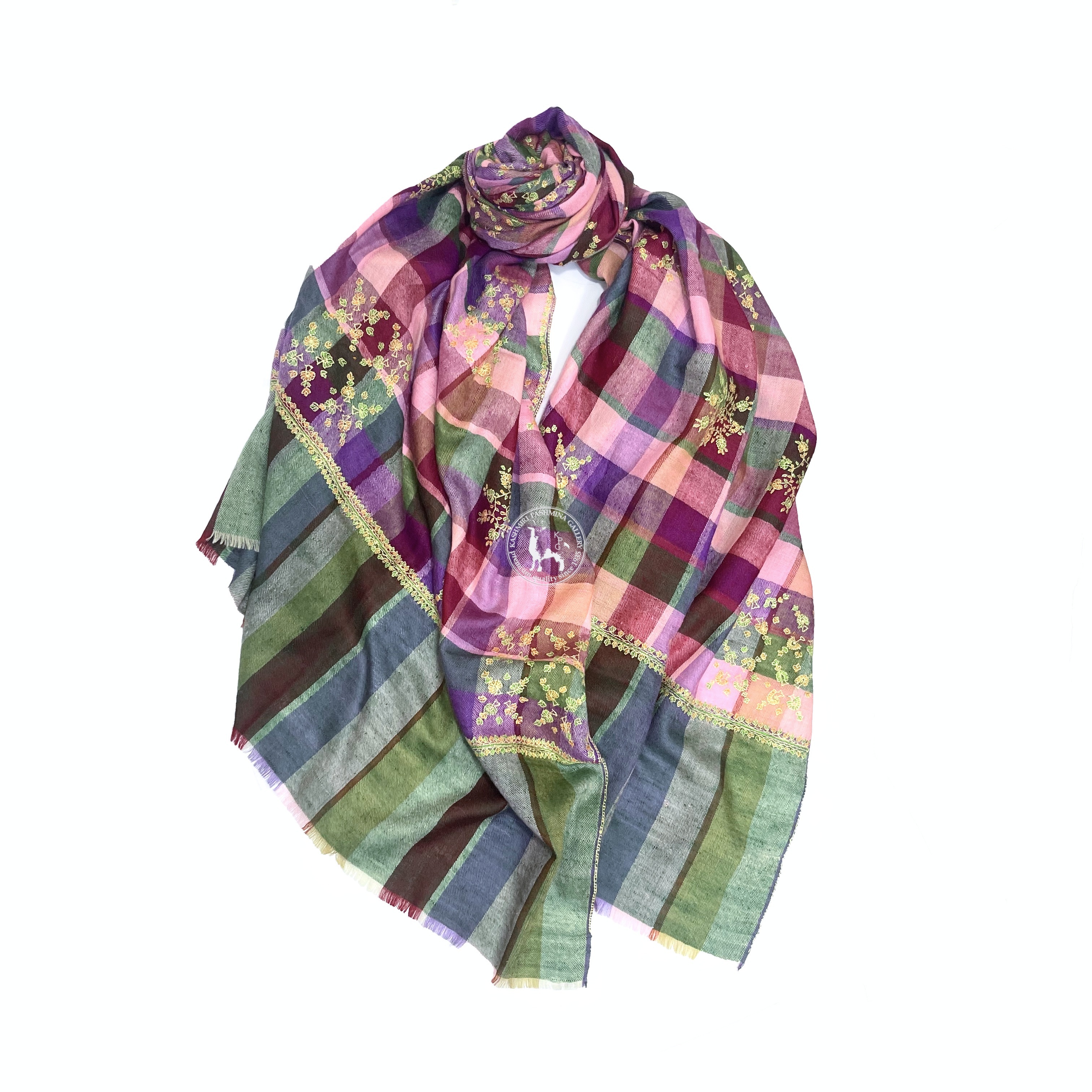 Colorful Hand-Woven Kani Checkered Pattern Sozni Embroidered Pashmina Shawl