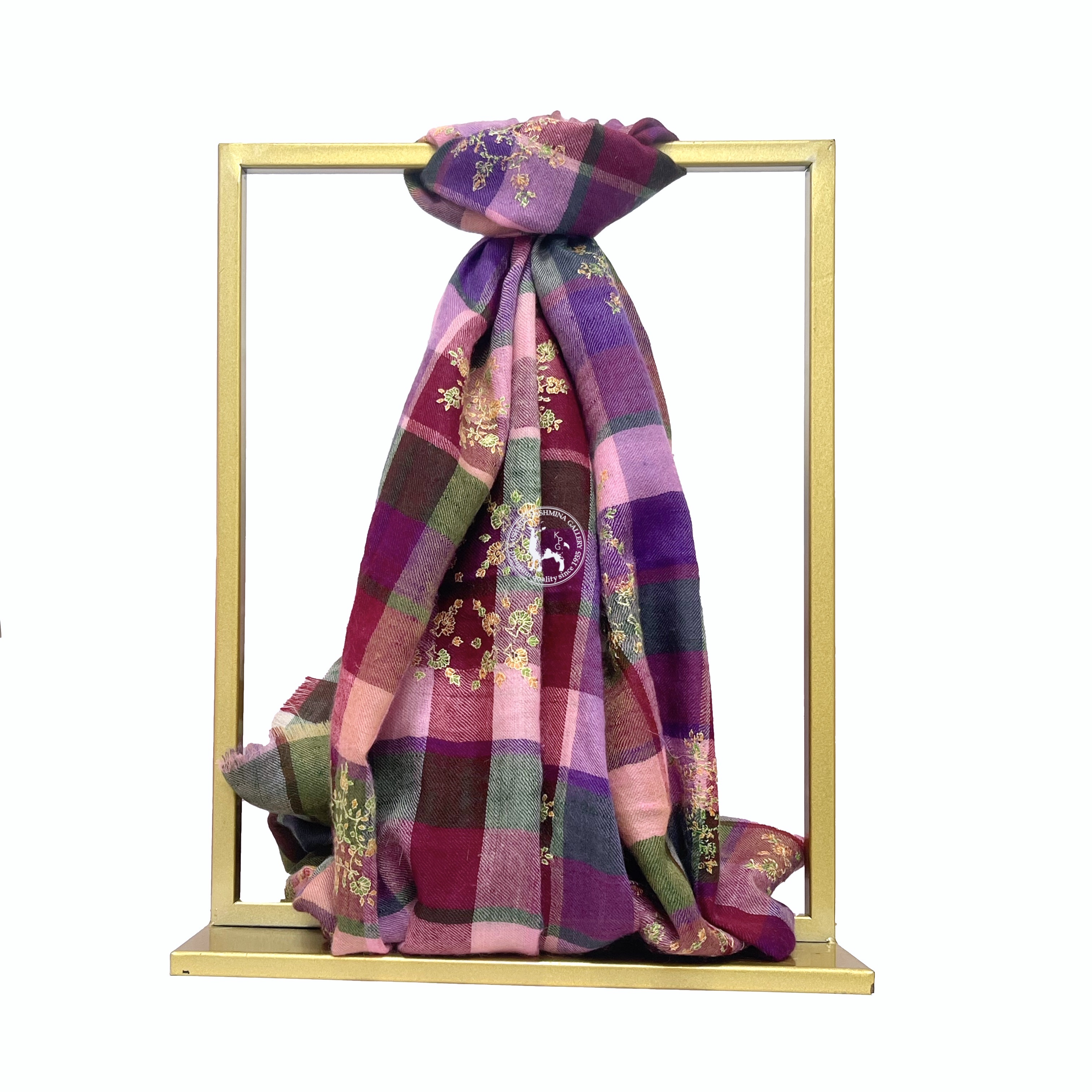 Colorful Hand-Woven Kani Checkered Pattern Sozni Embroidered Pashmina Shawl