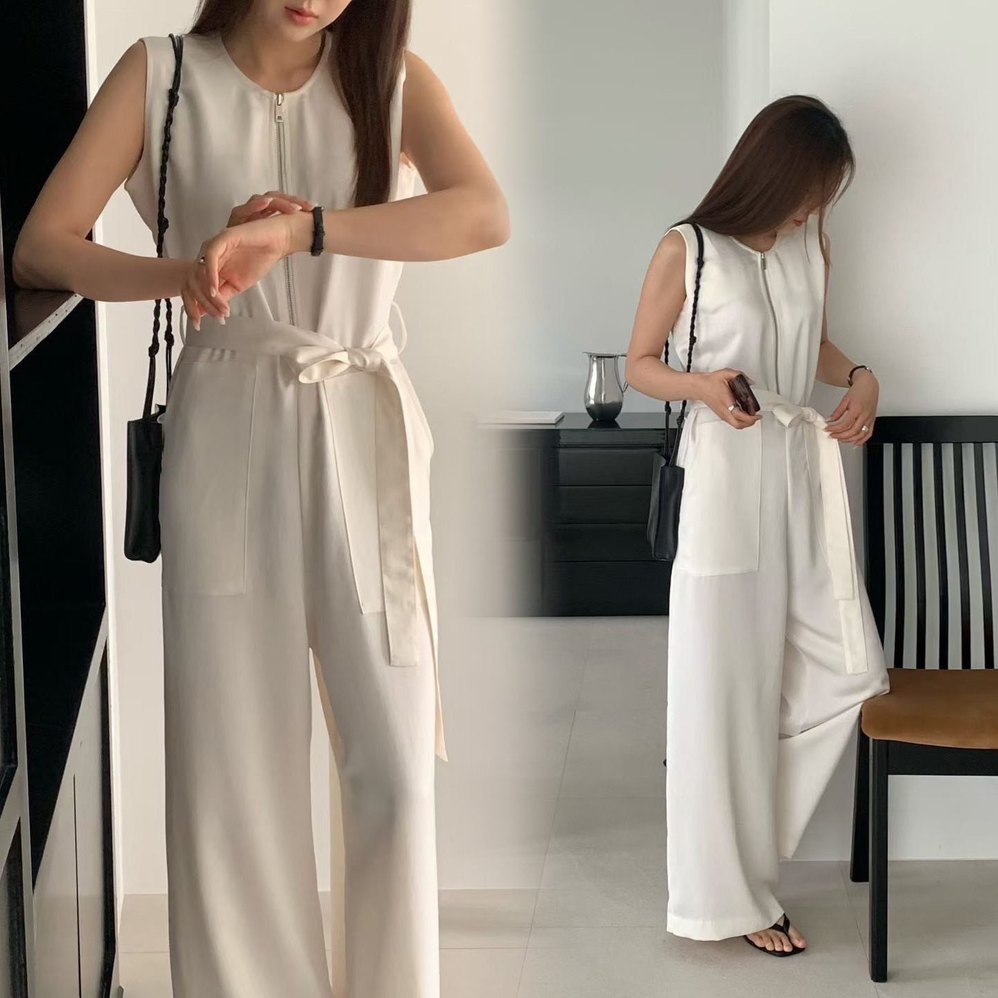 大口袋拉鍊造型圓領背心連身長褲-附綁帶 / 2色