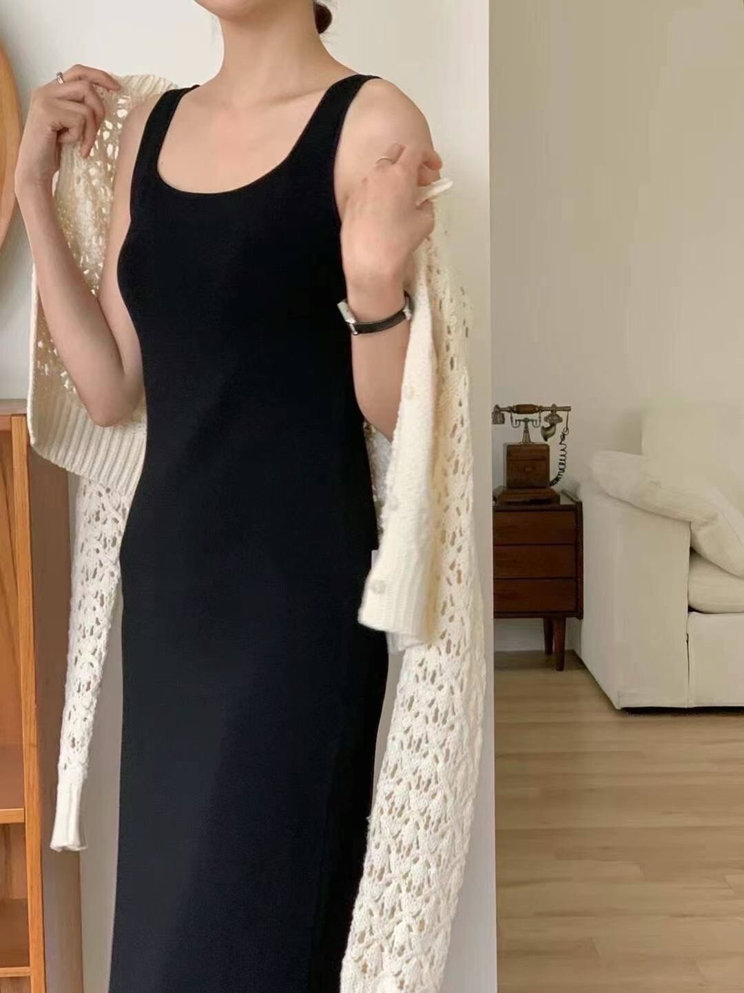 經典黑合身彈力方領背心裙長洋裝